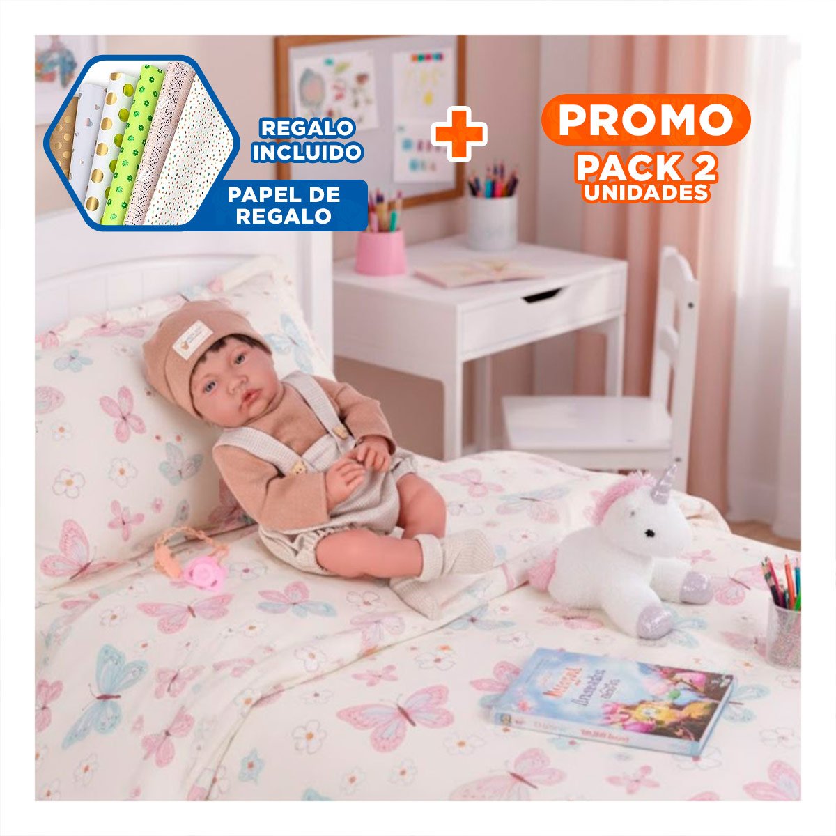 PACK2 ARTICULO DE JUEGO 42CM CON VESTIMENTA OVEROL SHORT MARRON ESTILO INFANTIL Y+PAPEL REGALO - 1