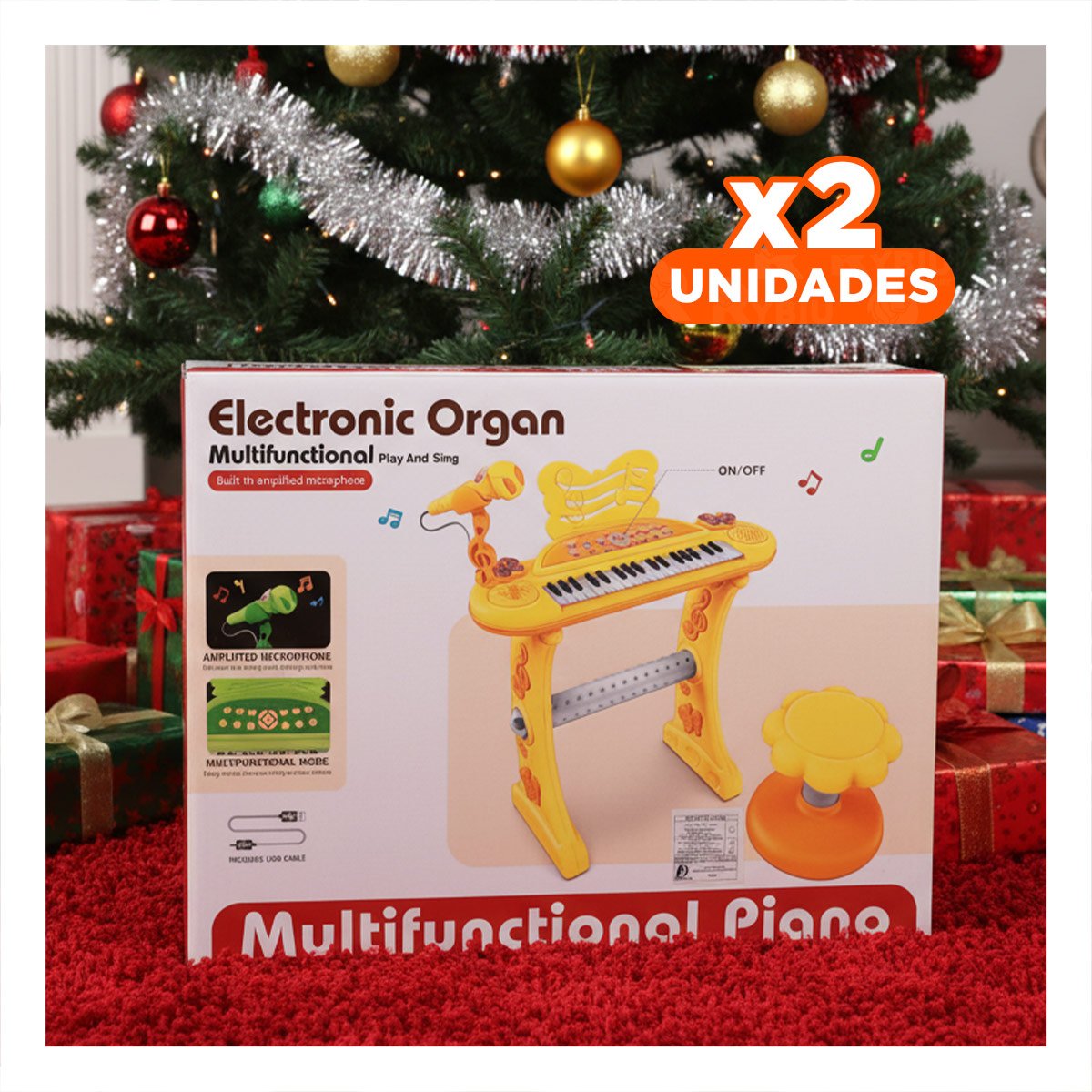 PACK2 ORGANO MUSICAL INFANTIL CON MICROFONO Y SILLA AMARILLA PARA INICIACION Y+REGALO STICKER - 1