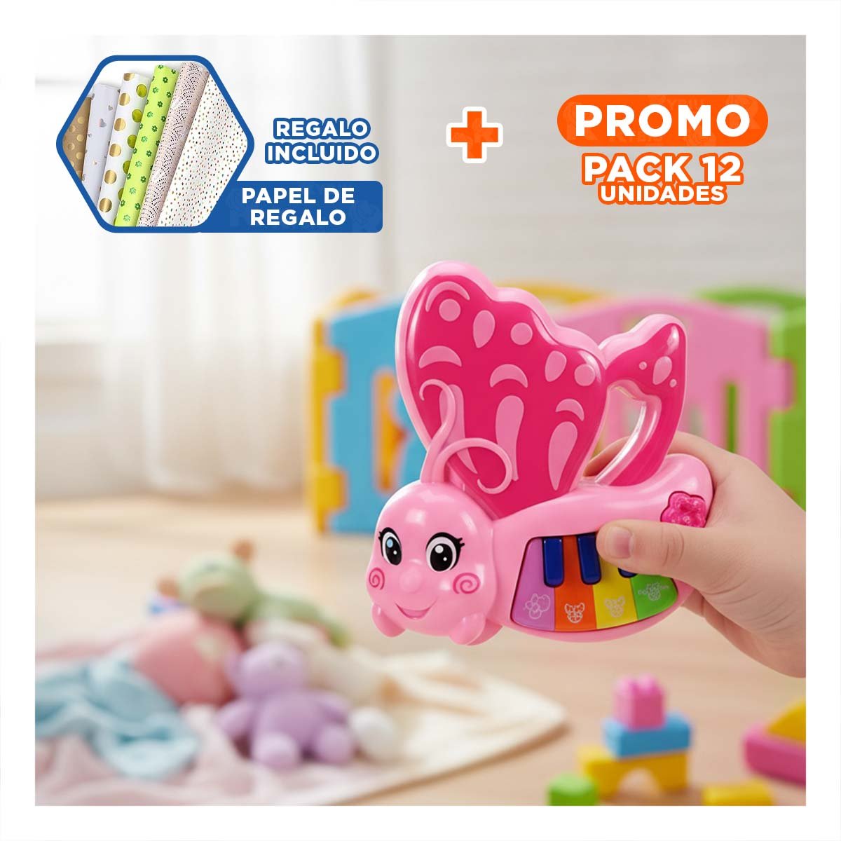PACK12 MELODIA DE JUGUETE MARIPOSA ROSADO 22X26 CM PARA NINOS Y+PAPEL REGALO - 1