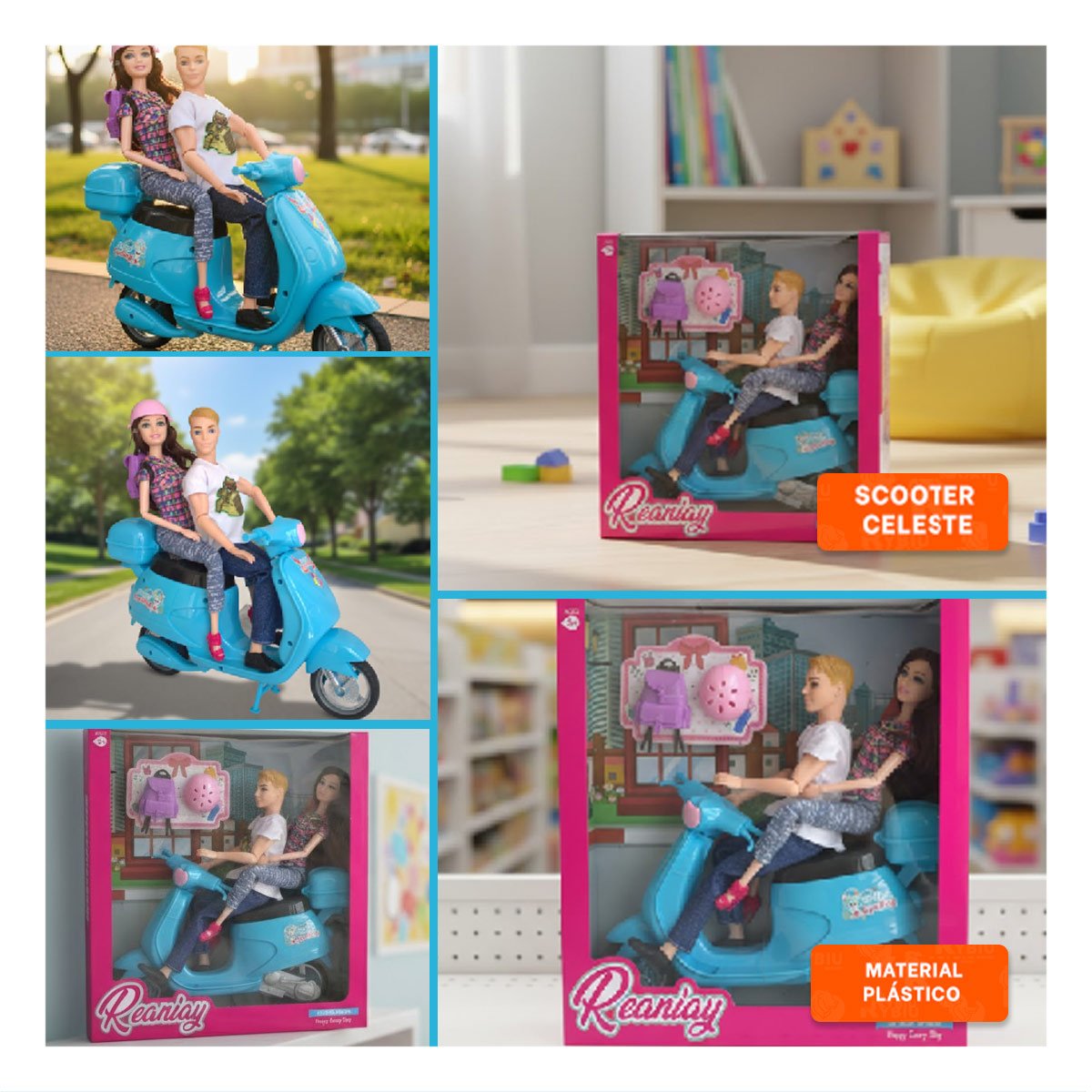 ILUSTRACIONES DECORATIVAS PAREJA EN MOTO CON MOCHILA Y CASCO CELESTE CASA Y+LIGAS REGALO - 5