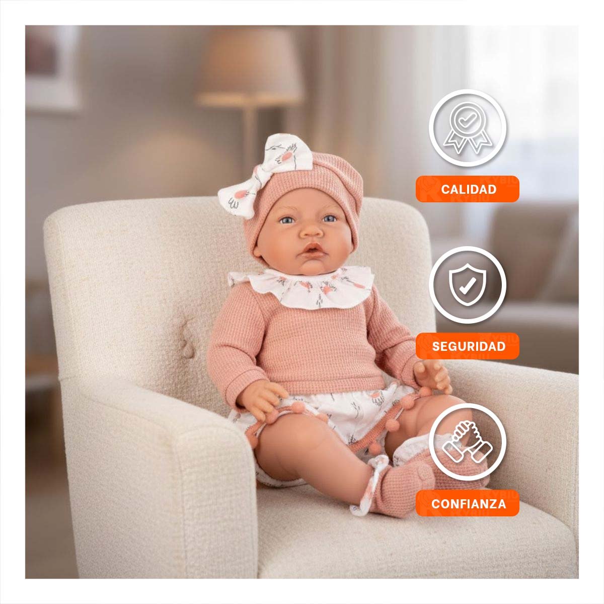 BEBE KIKI BABY 42CM DISENO ROSADO CON CONJUNTO POLO SHORT Y GORRO Y+LIGAS REGALO - 2