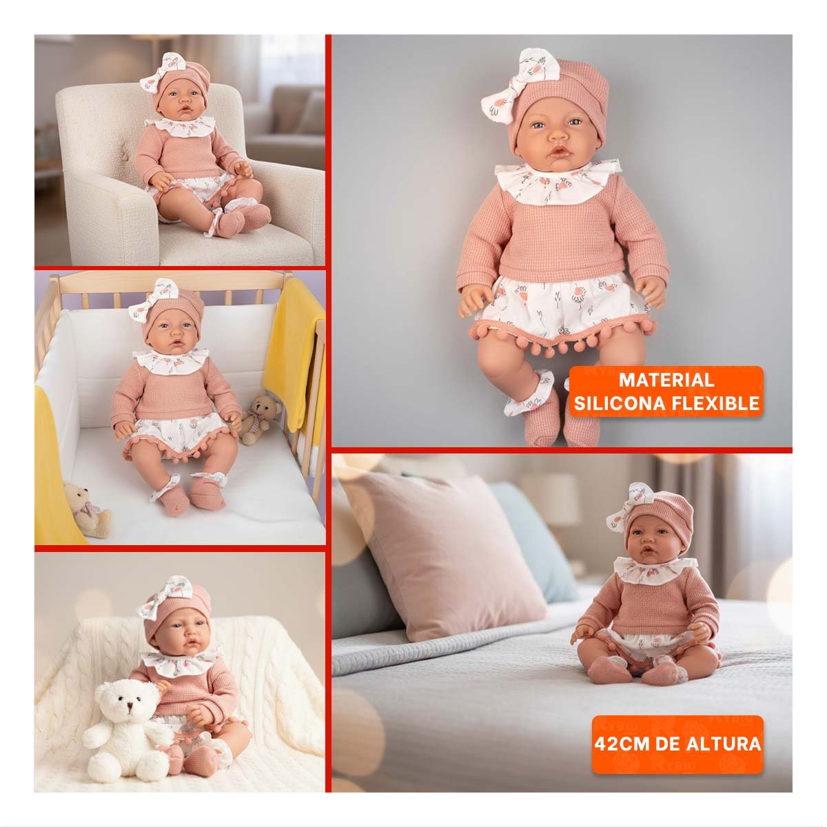 BEBE KIKI BABY 42CM DISENO ROSADO CON CONJUNTO POLO SHORT Y GORRO Y+LIGAS REGALO - 5