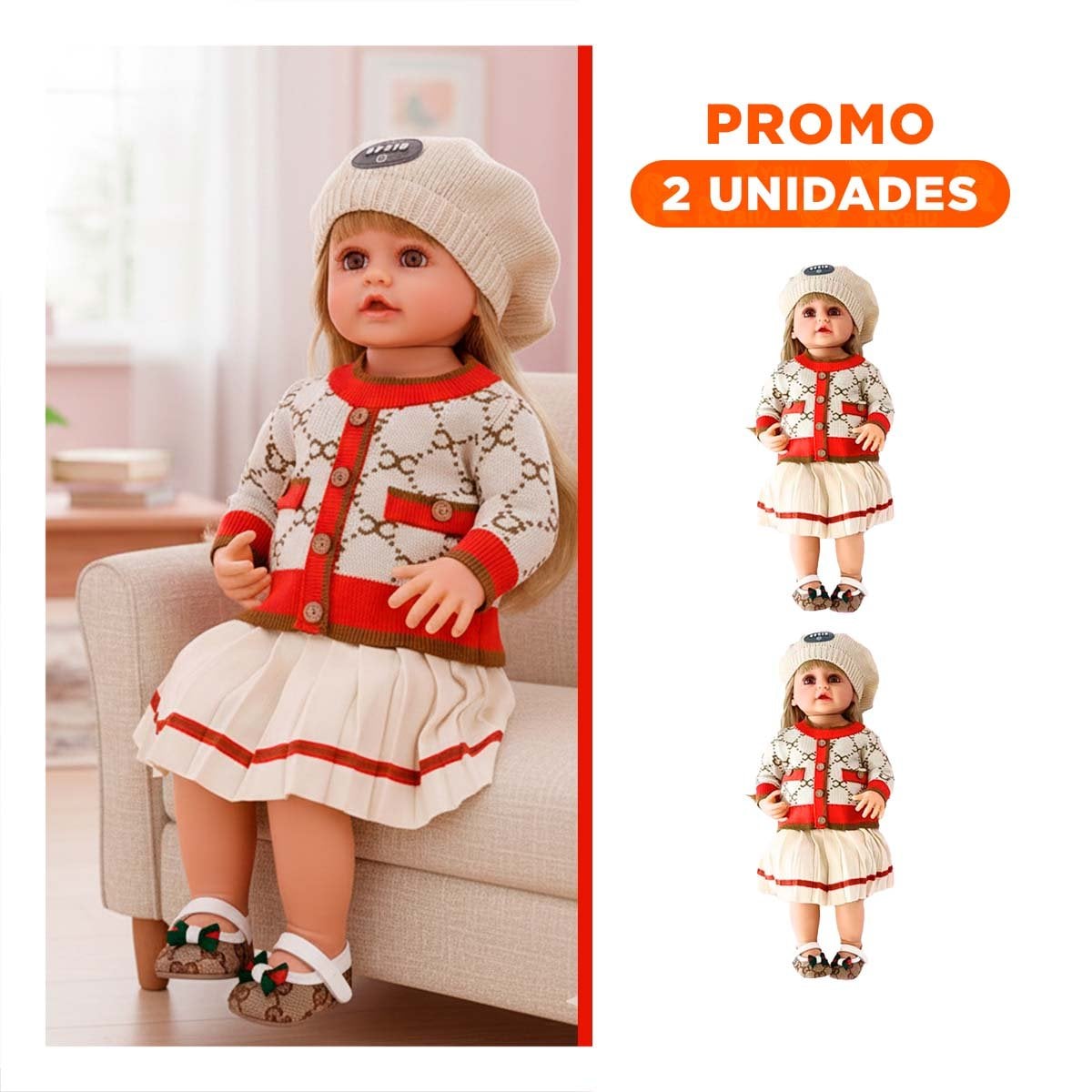 PACK2 MODELO YESSY INFANTIL BEIGE Y ROJO 55CM FALDA PLIZADA CHOMPA TEJIDA - 1