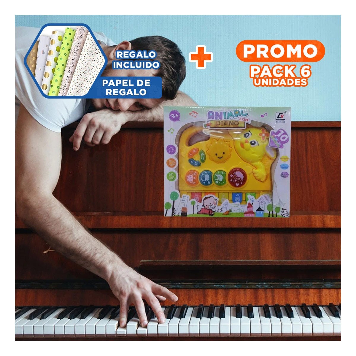 PACK6 PIANO MUSICAL DE CONEJO CON TECLAS SONIDO EDUCATIVO PARA CASA Y+PAPEL REGALO - 1