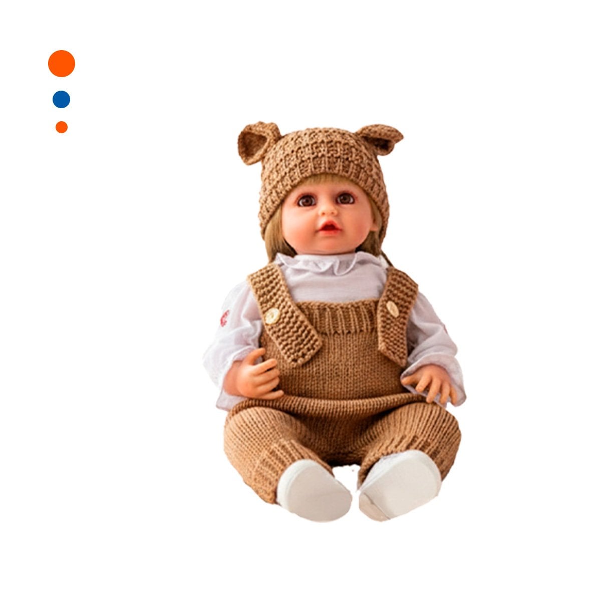 BEBE YESSY 55CM VESTIDA CON OVEROL TEJIDO MARRON Y GORRO OREJITAS PARA JUEGO Y+PAPEL REGALO - 1