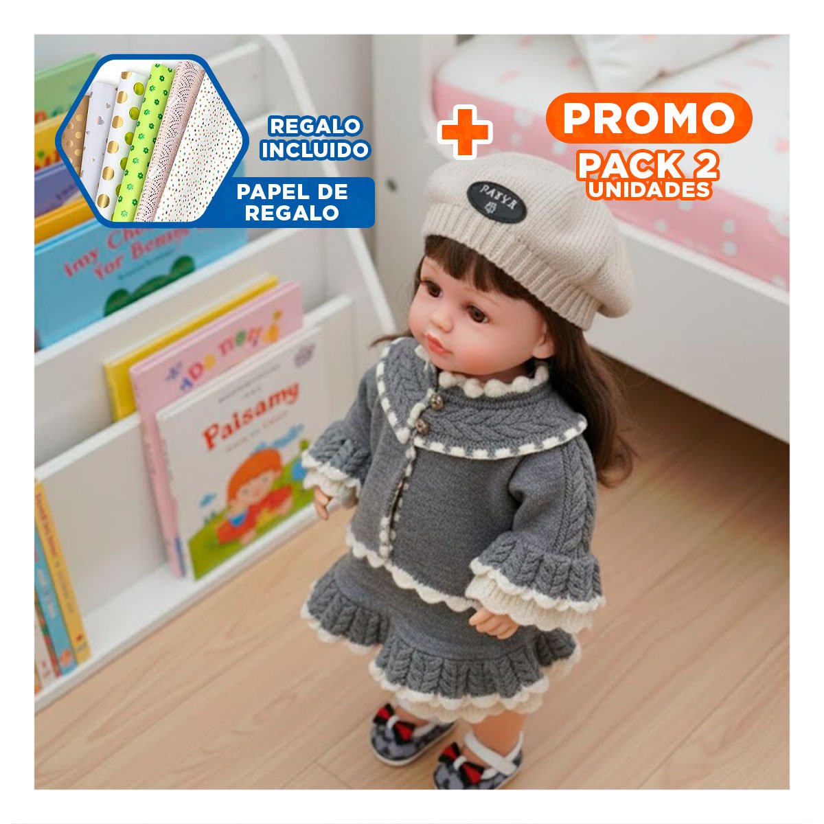 PACK2 MUÑECA YESSY ROPA TEJIDA PLOMO 55CM CON CHOMPA Y VESTIDO VOLANTES Y+PAPEL REGALO - 1