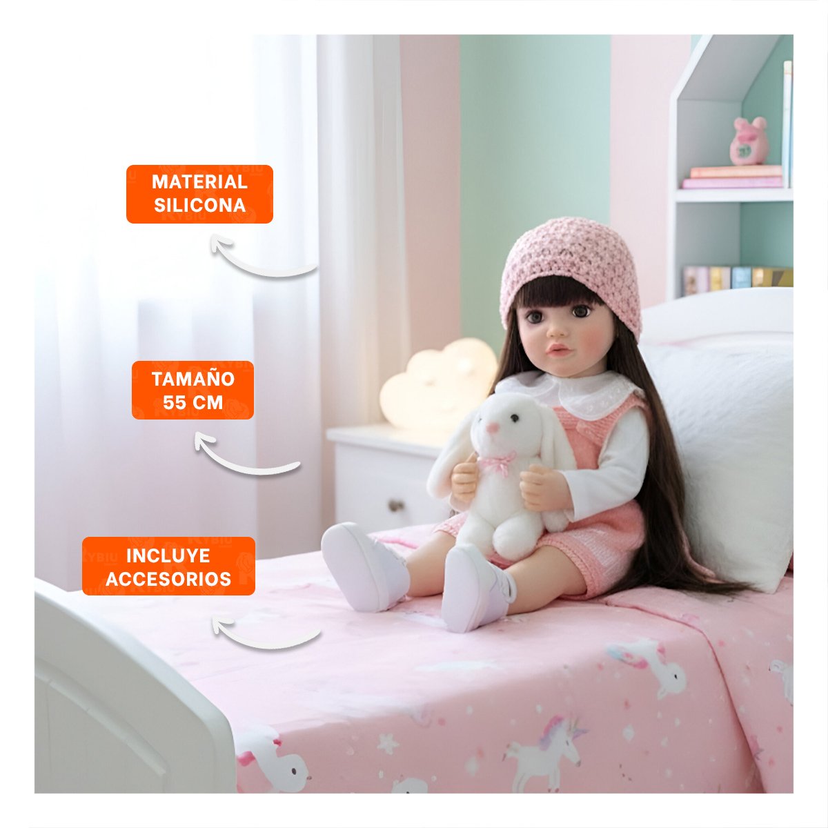 BEBE REAL INTELIGENTE CON ROPA SUAVE Y OVEROL ROSADO 55CM Y+REGALO STICKER - 5