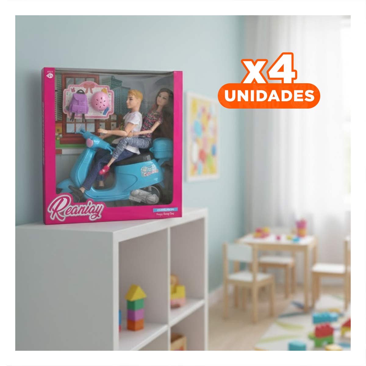 PACK4 MODELADOS DECORATIVOS PAREJA EN MOTO CON MOCHILA Y CASCO CELESTE REGALO - 1