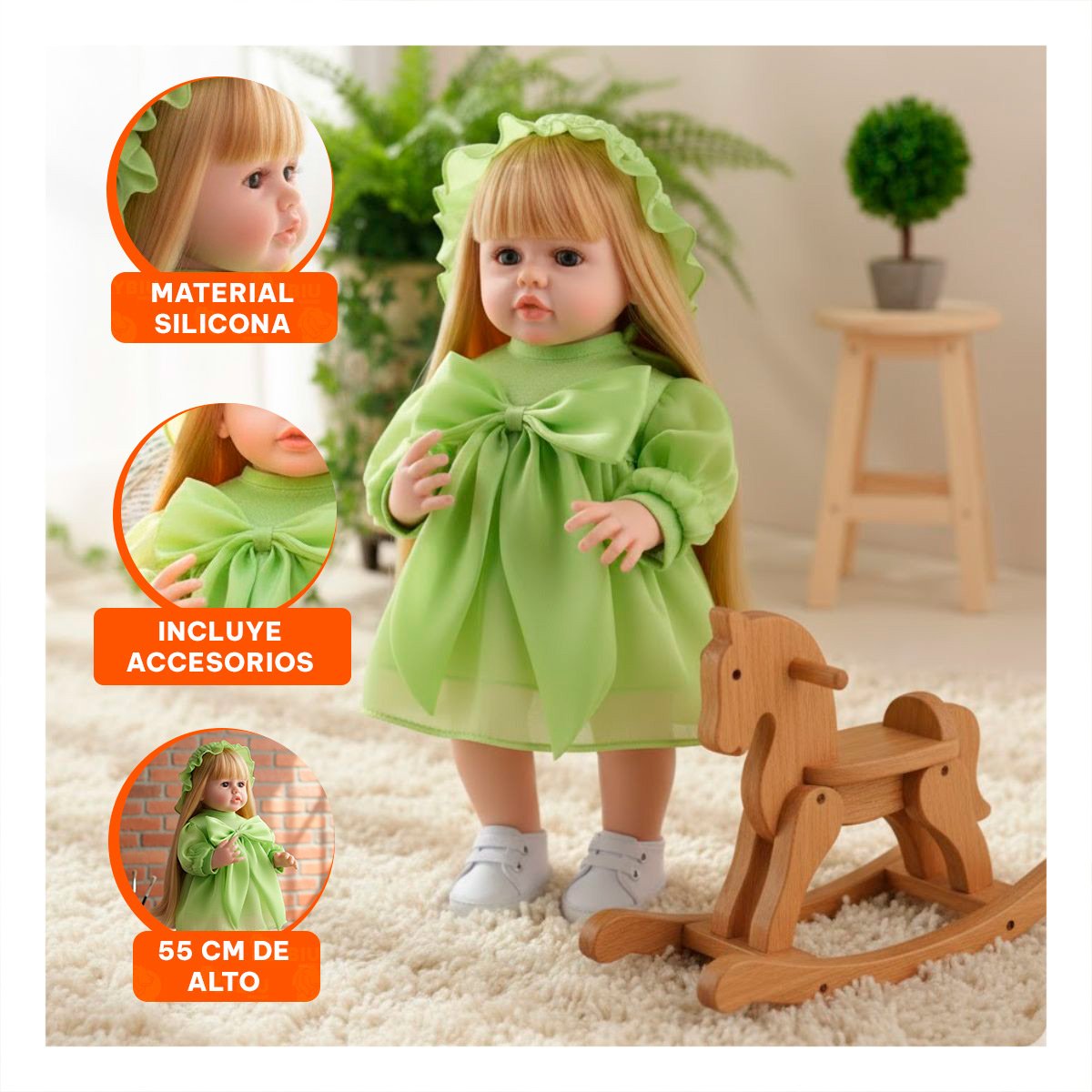MODELO REAL INTELIGENTE PARA NIÑAS VESTIDO LAZO Y GORRO DE TULL VERDE 55CM Y+PAPEL REGALO - 5