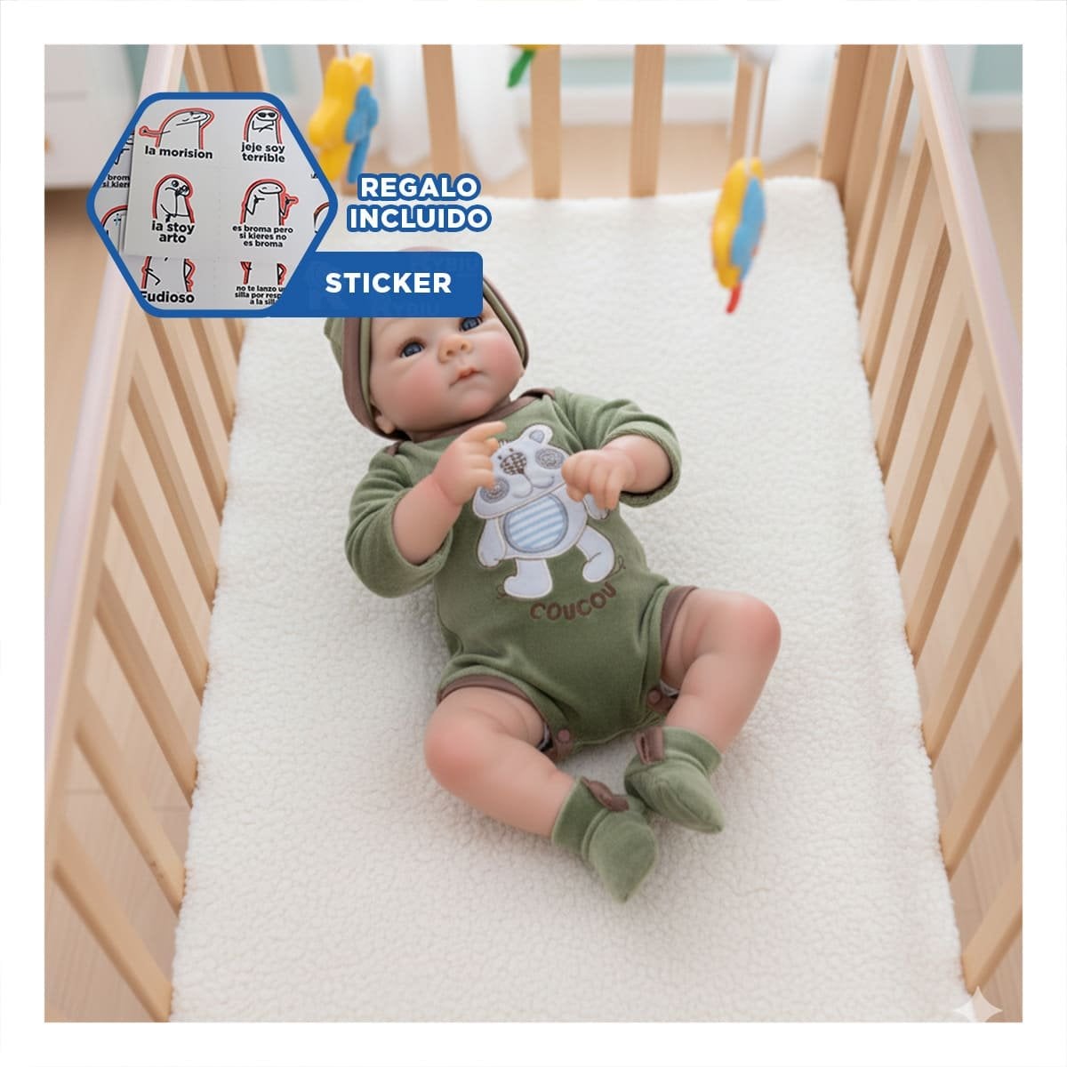 BEBOTE REAL DE BEBE CON CONJUNTO OSITO VERDE Y GORRO PARA DECORACION Y+REGALO STICKER - 1