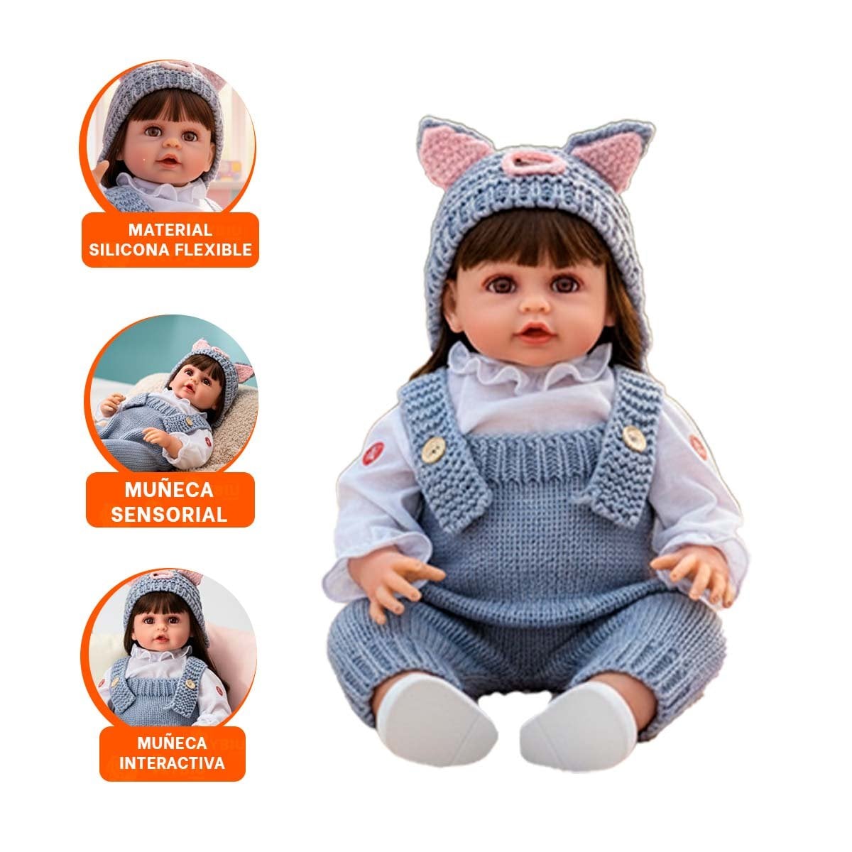 TIERNA YESSY 55CM CON OVEROL TEJIDO Y GORRO OREJITAS COLOR CELESTE SUAVE - 3