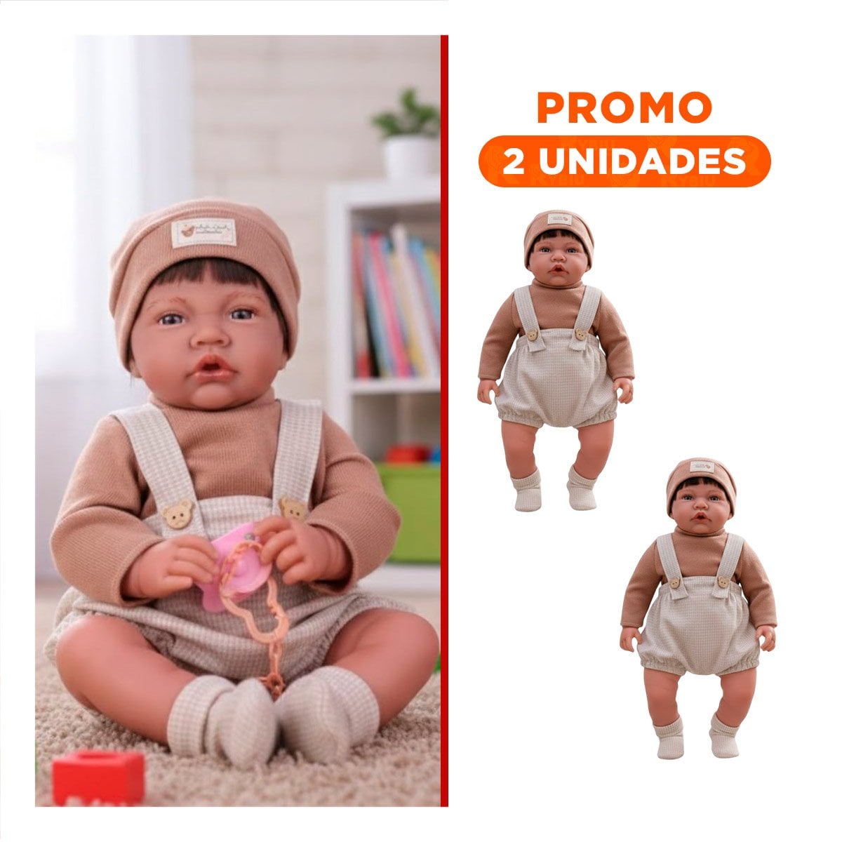 PACK2 ARTICULO INFANTIL 42CM CON OVEROL SHORT POLO Y GORRO MARRON PARA JUEGO - 1