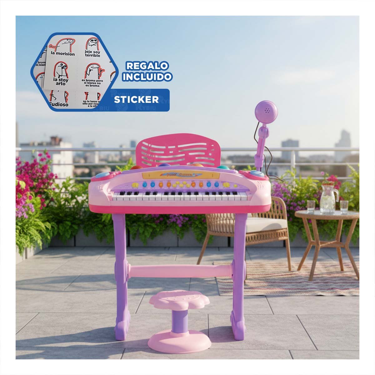EQUIPO MUSICAL INFANTIL PIANO CON MICROFONO Y SILLA ROSADO EDUCATIVO Y+REGALO STICKER - 1