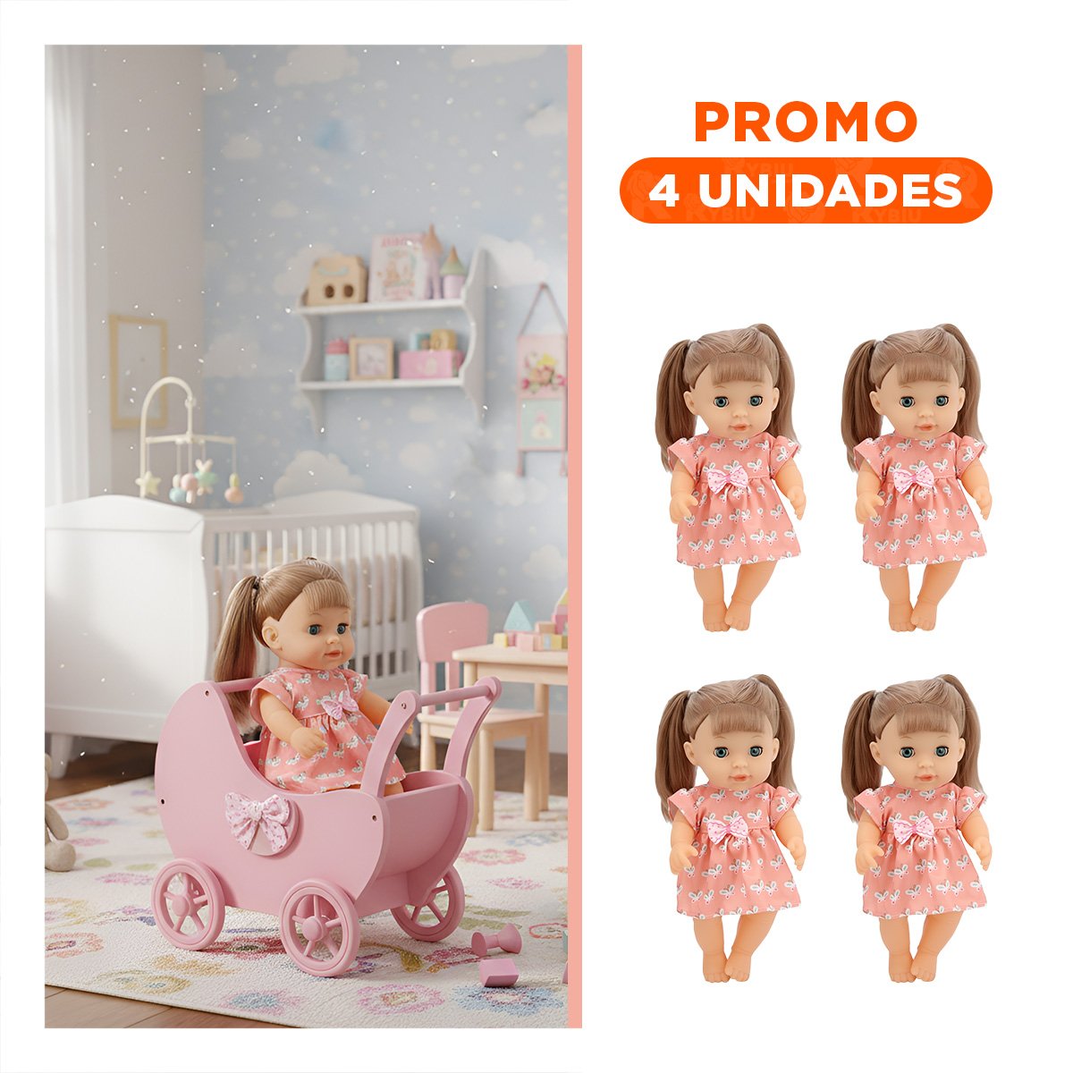 PACK4 COMPANIA ROSADA CON VESTIDO MARIPOSAS BIBERON Y SONAJA DECORACION HOGAR Y+REGALO STICKER - 1