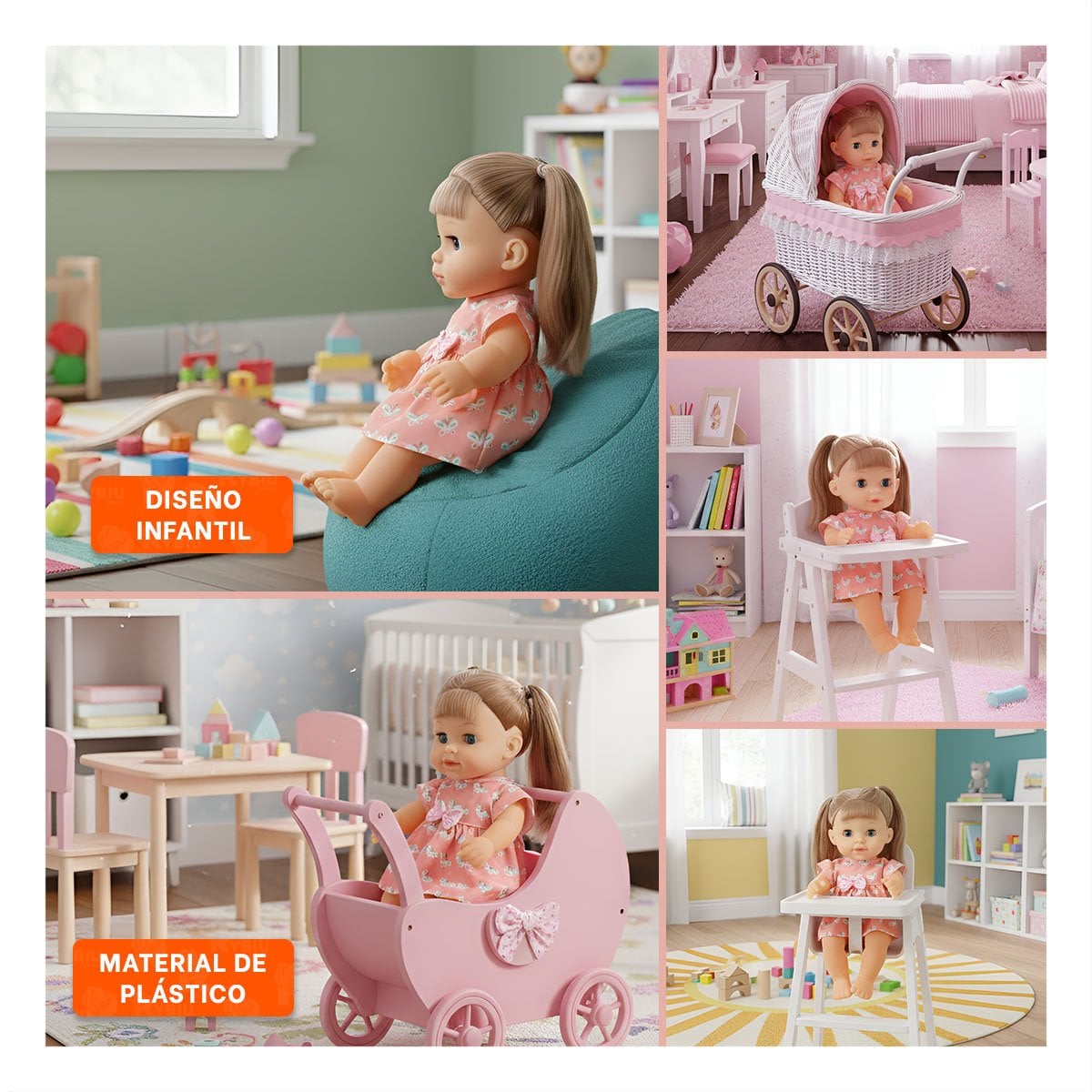 PACK4 COMPANIA ROSADA CON VESTIDO MARIPOSAS BIBERON Y SONAJA DECORACION HOGAR Y+REGALO STICKER - 2