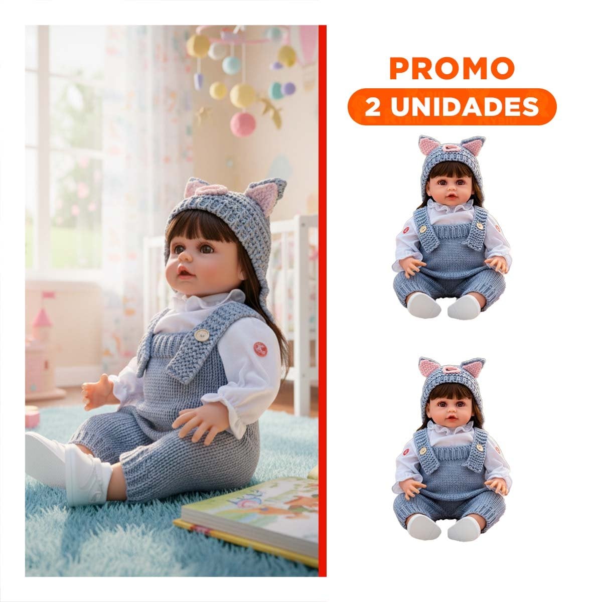 PACK2 FIGURA SUAVE YESSY 55CM CELESTE CON OVEROL TEJIDO Y GORRO OREJITAS - 1