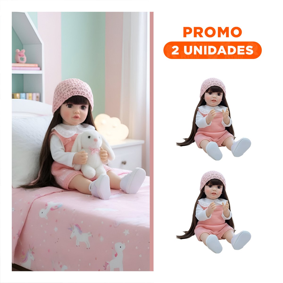 PACK2 FIGURA REAL INTELIGENTE INFANTIL CON VESTIDO OVEROL Y GORRO ROSADO 55CM - 1
