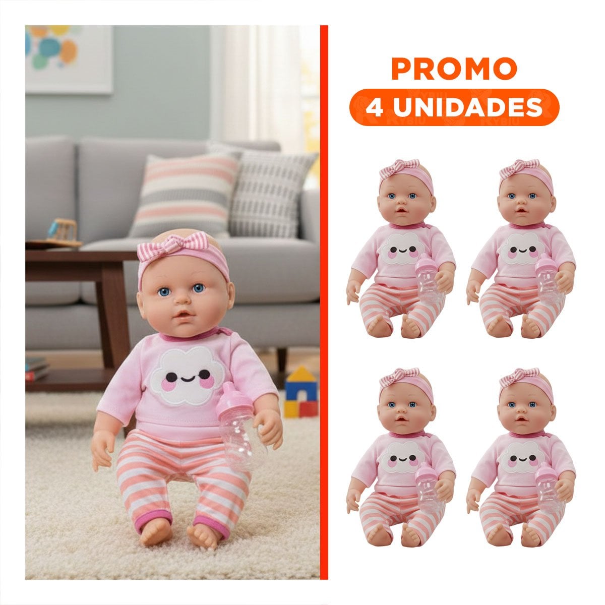 PACK4 PERSONAJE SUAVE ROSADO CON CHOMPA NUBE Y PANTALON RAYAS PARA BEBE Y+REGALO STICKER - 1