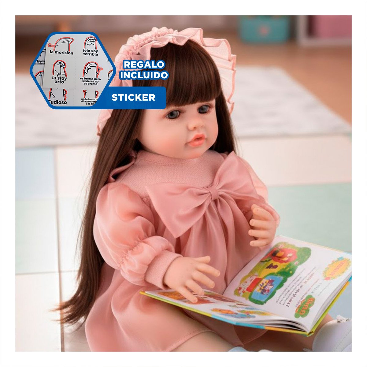 JUGUETE REAL INTELIGENTE PARA NINAS VESTIDO LAZO Y GORRO DE TULL ROSADO 55CM Y+REGALO STICKER - 1