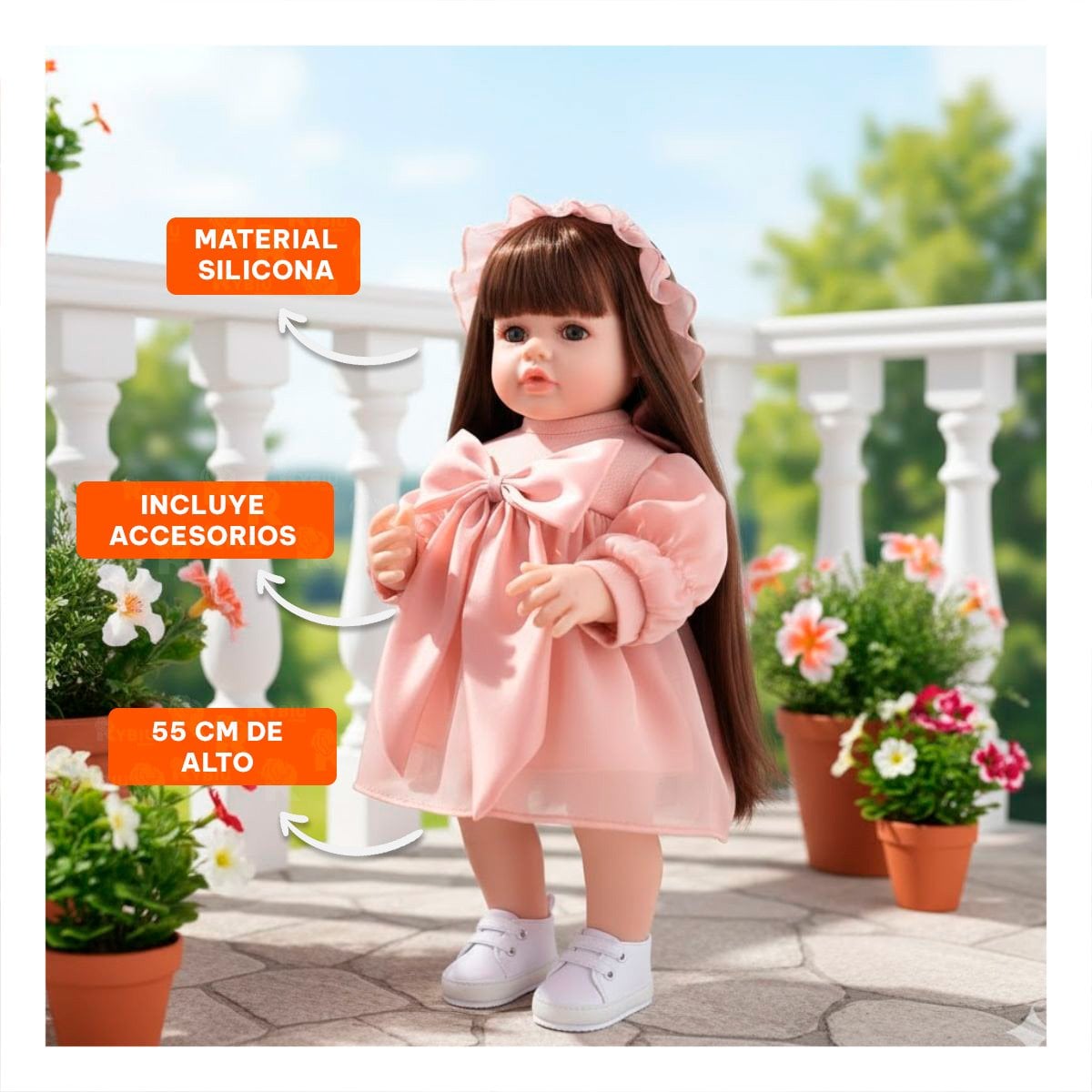 JUGUETE REAL INTELIGENTE PARA NINAS VESTIDO LAZO Y GORRO DE TULL ROSADO 55CM Y+REGALO STICKER - 5