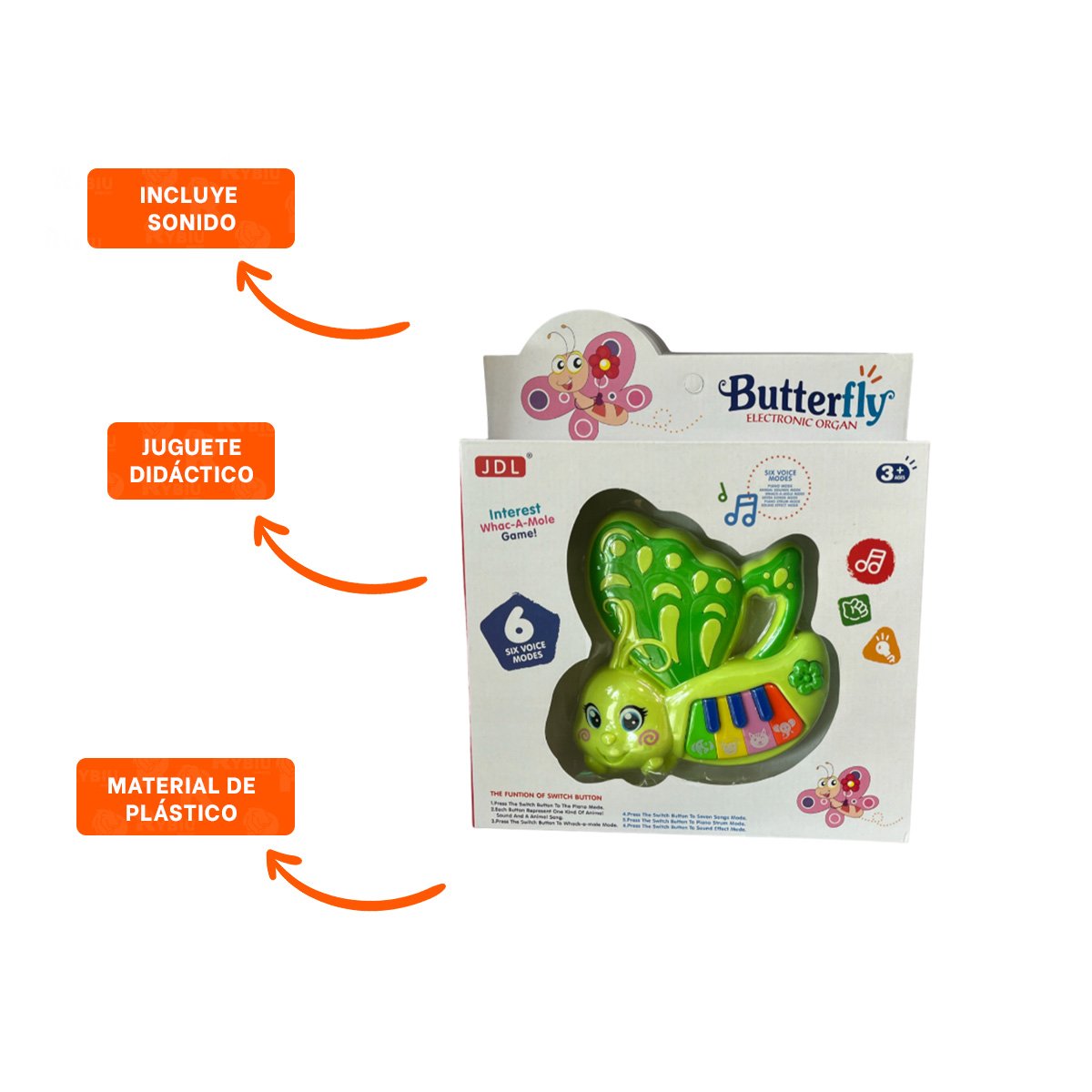 PACK6 MELODIA MUSICAL MARIPOSA VERDE 22X26 CM PARA JUEGO INFANTIL Y+REGALO STICKER - 2