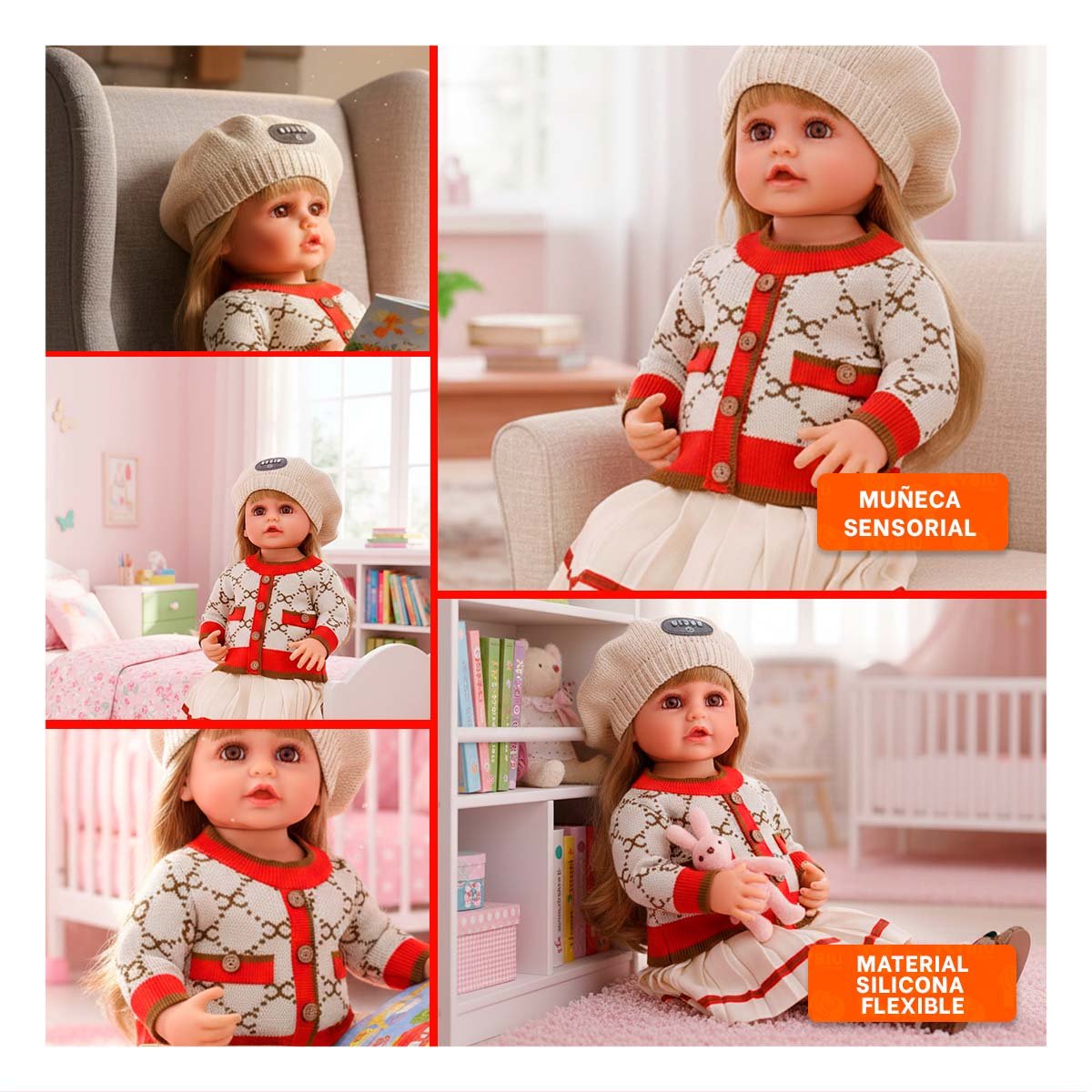 PACK2 MODELO YESSY ESTILO TEJIDO BEIGE Y ROJO 55CM CON FALDA PLIZADA Y+PAPEL REGALO - 3