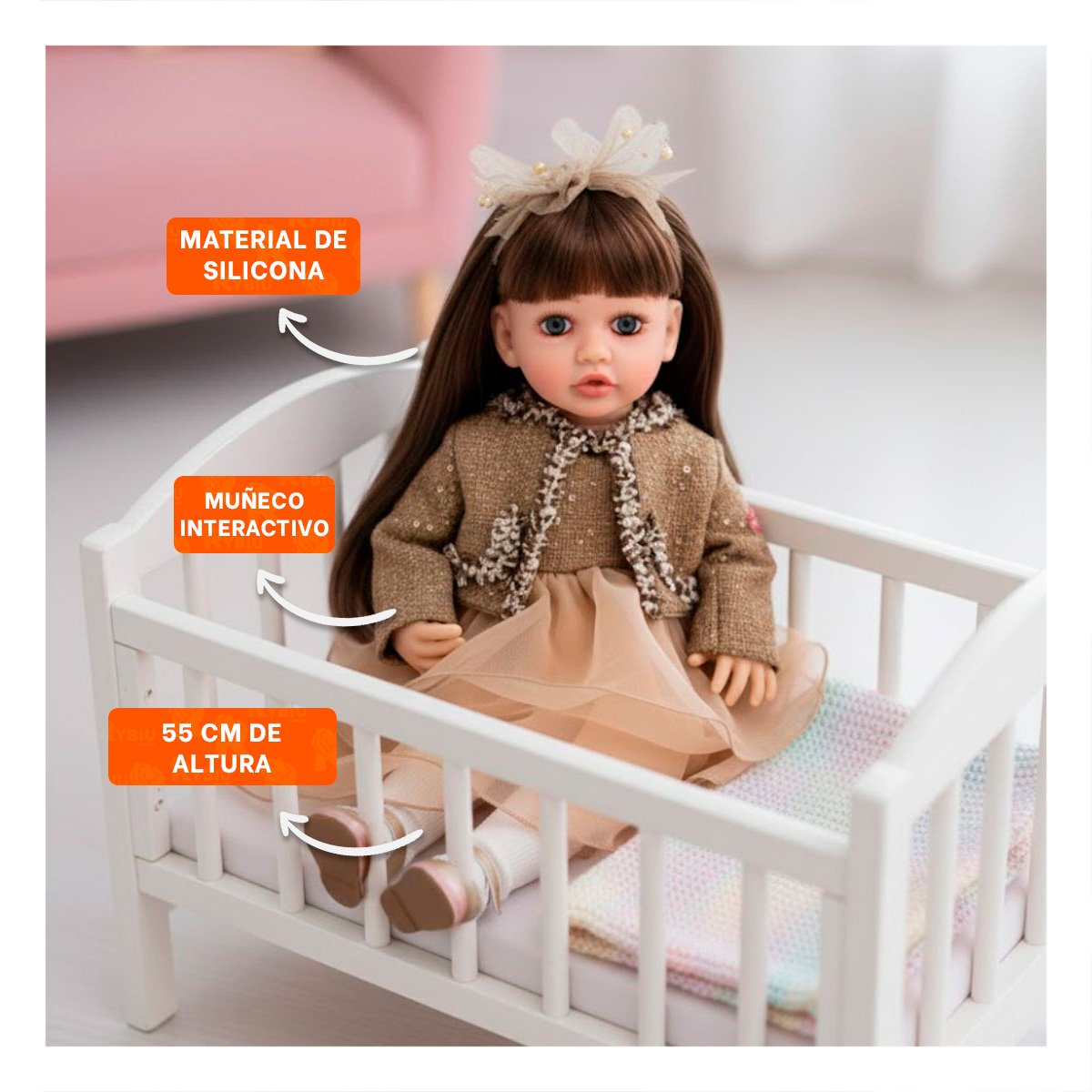 BEBE YESSY 55CM CON VESTUARIO INFANTIL MARRON VESTIDO CAPAS TULL Y+POST IT - 2