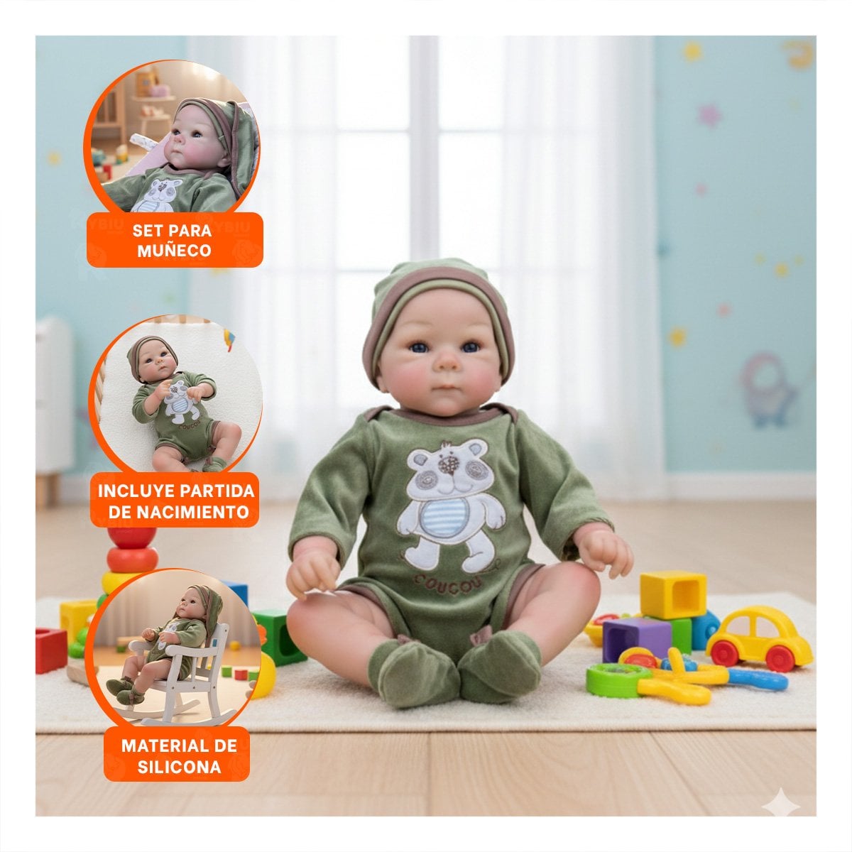 BEBOTE BEBE REALISTA CON ROPA OSITO VERDE Y GORRO PARA MODA HOGAR Y+PAPEL REGALO - 5