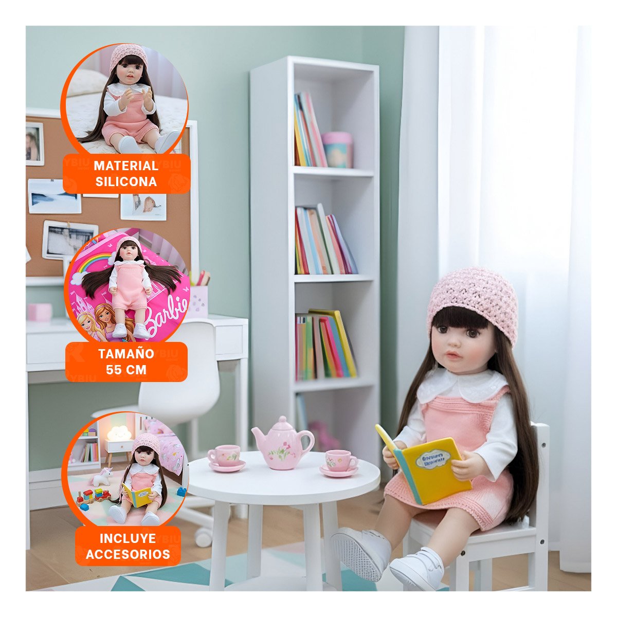 BEBE REAL INTELIGENTE DE JUGUETE CON GORRO TEJIDO Y OVEROL ROSADO 55CM Y+PAPEL REGALO - 5