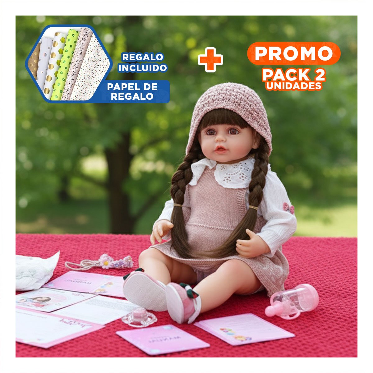 PACK2 PERSONAJE YESSY VESTIDA CON ATUENDO TEJIDO ROSADO Y GORRO PARA HISTORIAS Y+PAPEL REGALO - 1