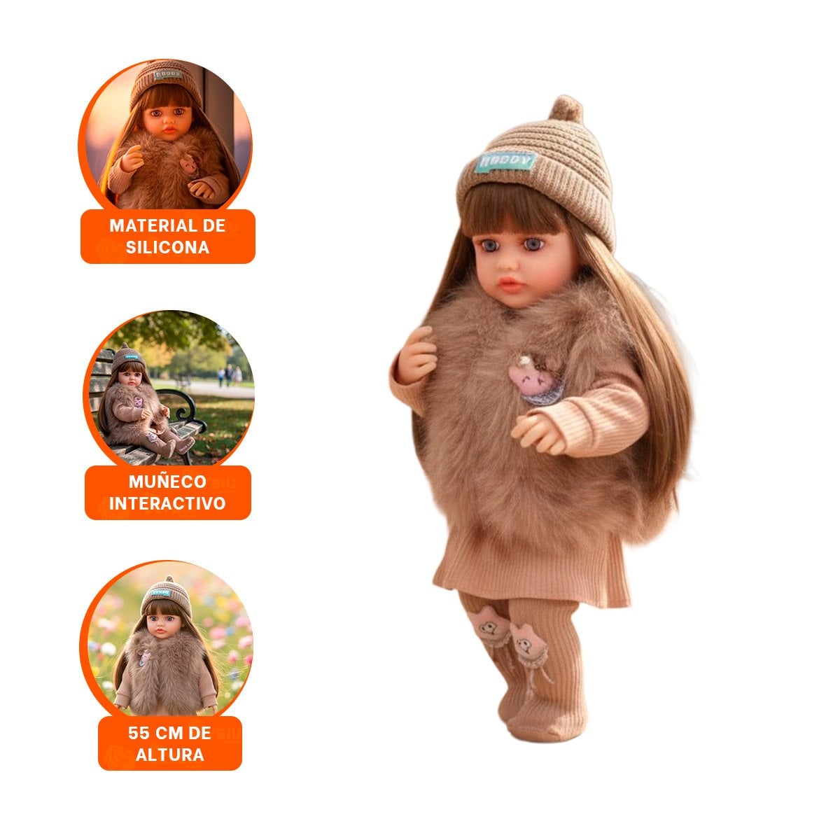 FIGURA YESSY 55CM CON ROPA INFANTIL MARRON COMPLETA CHALECO PELUCHE Y PANTIS - 3