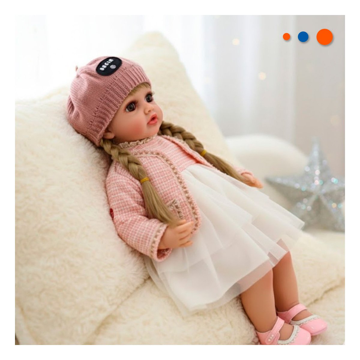 MUÑECA YESSY ROSADO 55CM CON VESTIDO DE TULL CHOMPA TWEED Y GORRA TEJIDA - 2
