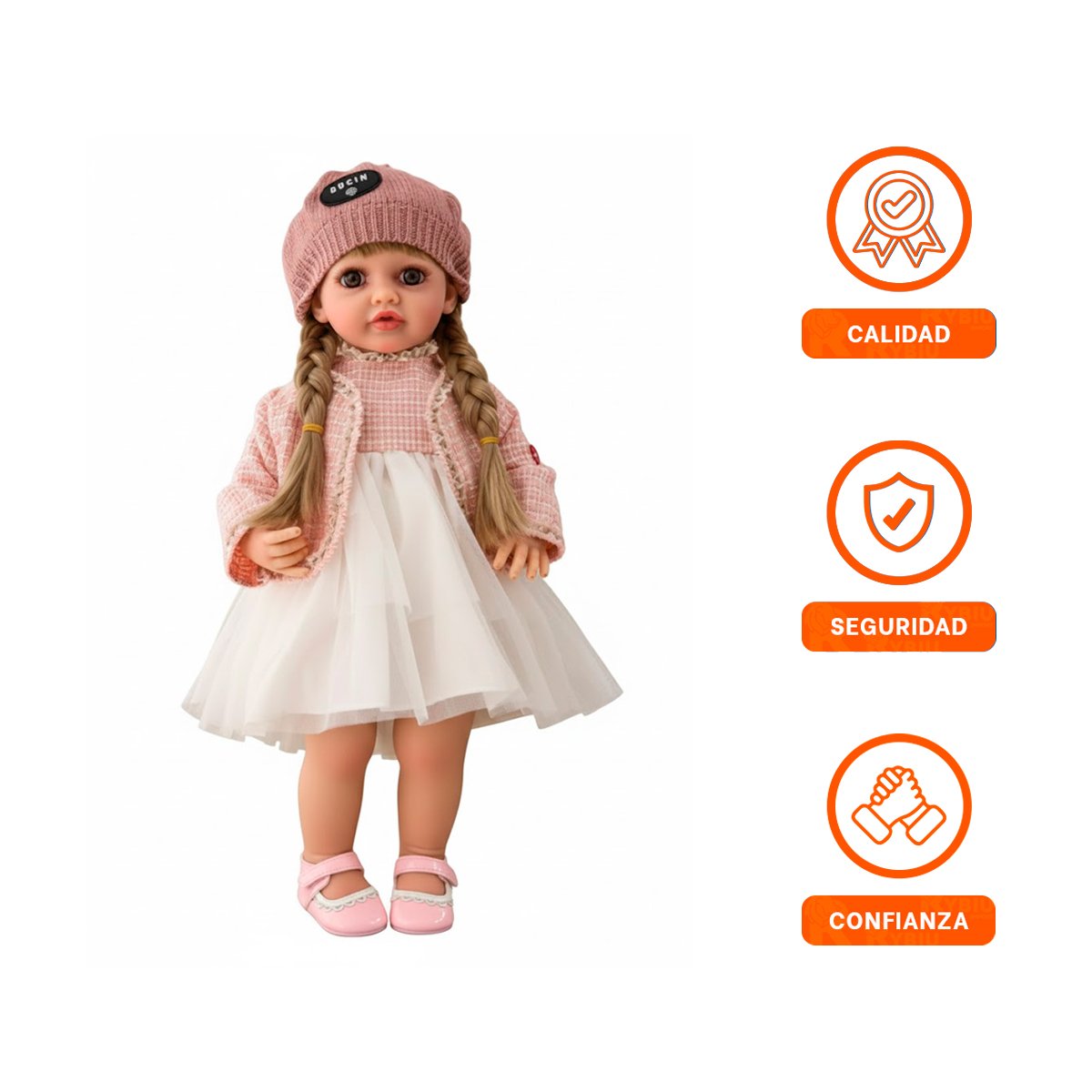 MUÑECA YESSY ROSADO 55CM CON VESTIDO DE TULL CHOMPA TWEED Y GORRA TEJIDA - 3