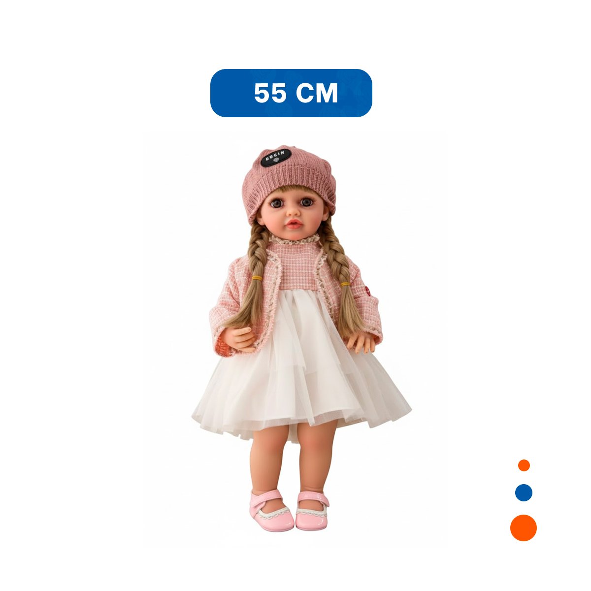 MUÑECA YESSY ROSADO 55CM CON VESTIDO DE TULL CHOMPA TWEED Y GORRA TEJIDA - 4