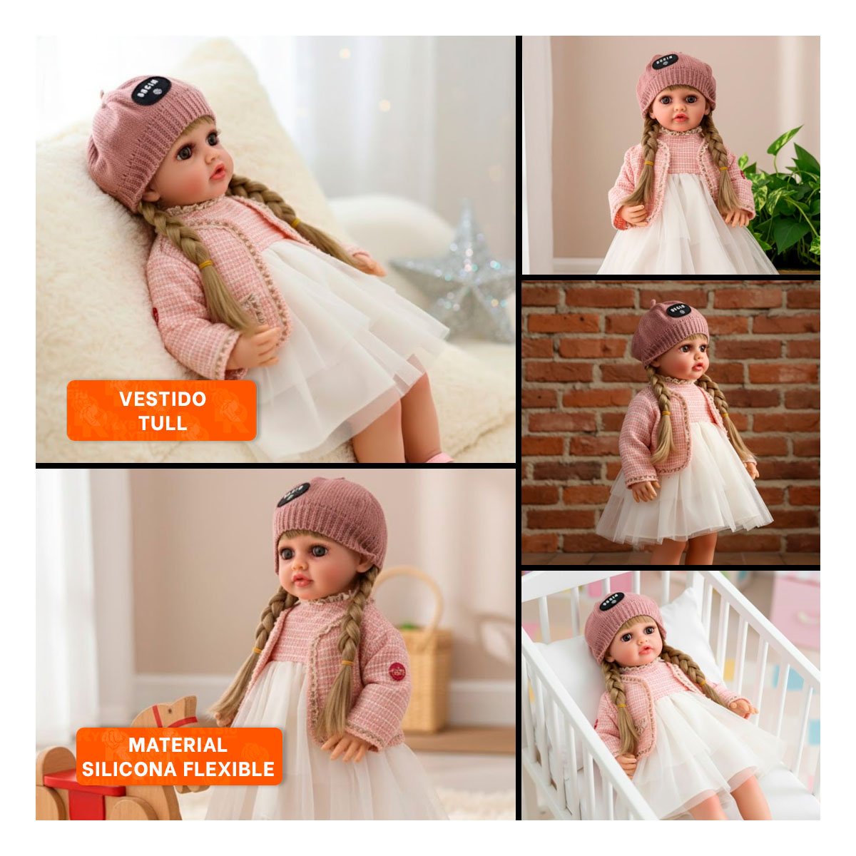 MUÑECA YESSY ROSADO 55CM CON VESTIDO DE TULL CHOMPA TWEED Y GORRA TEJIDA - 5