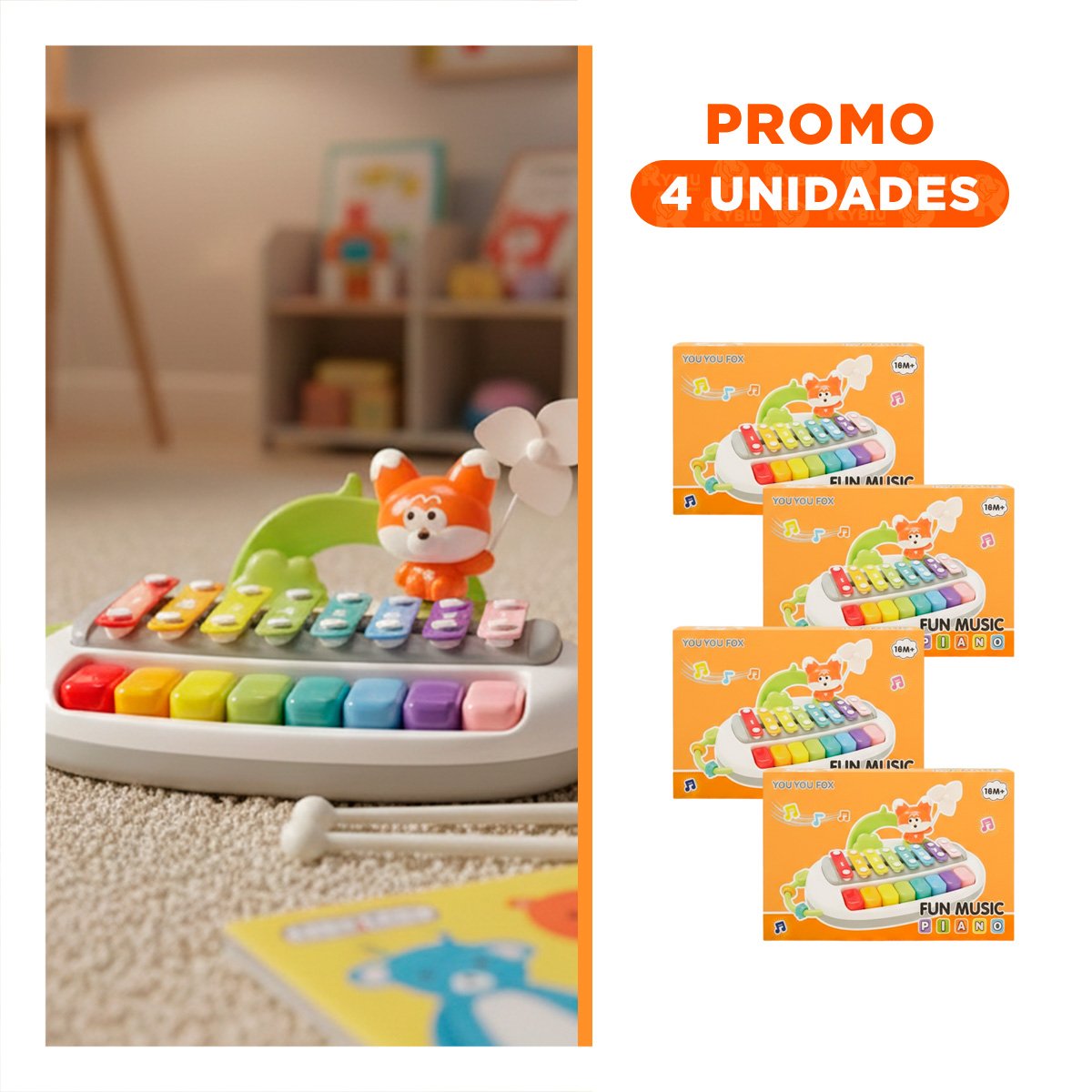 PACK4 SONORO CREATIVO MUSICAL CON FIGURA ZORRO PARA JUEGO INFANTIL Y+REGALO STICKER - 1