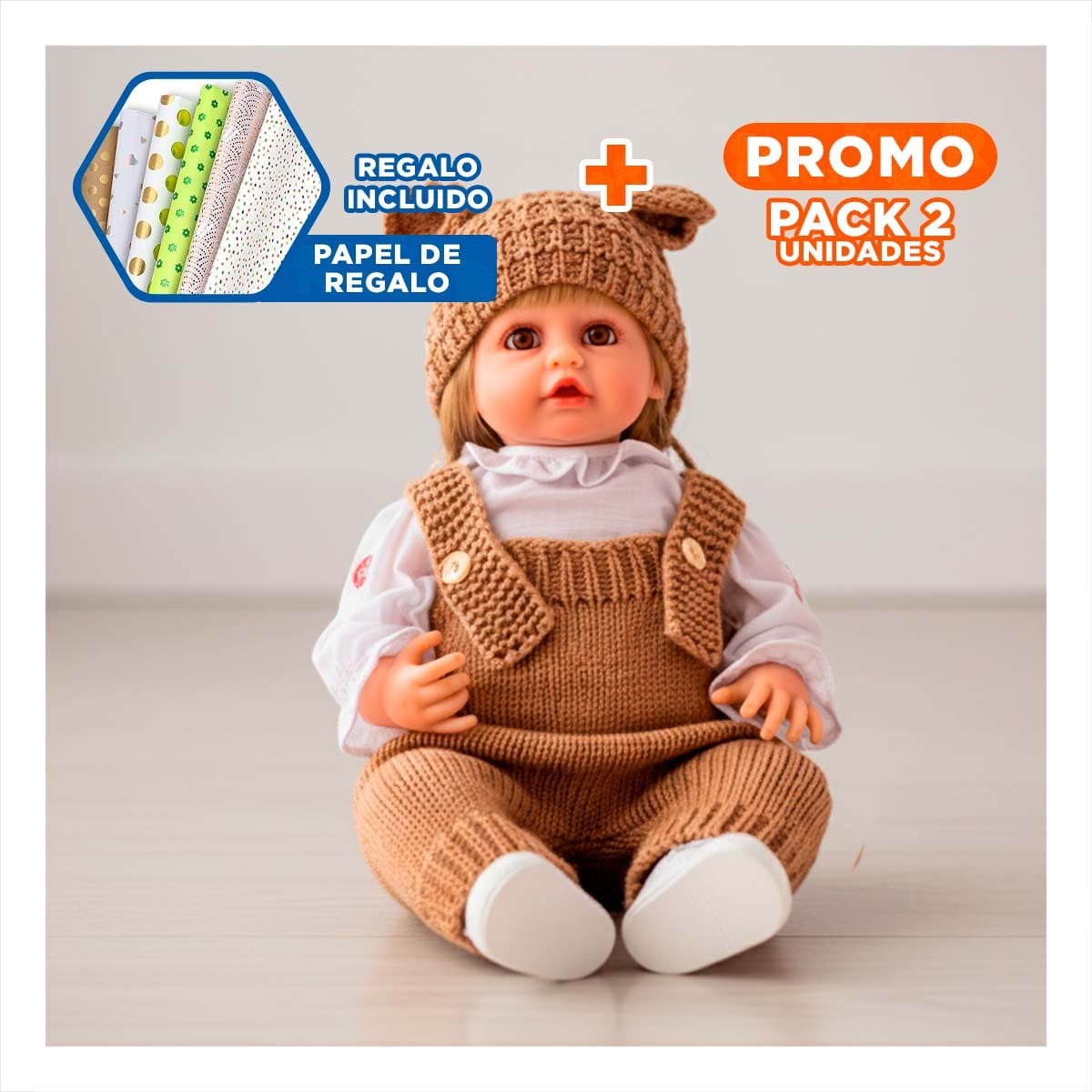 PACK2 PERSONAJE YESSY 55CM VESTIDA CON OVEROL TEJIDO MARRON Y GORRO OREJITAS Y+PAPEL REGALO - 1