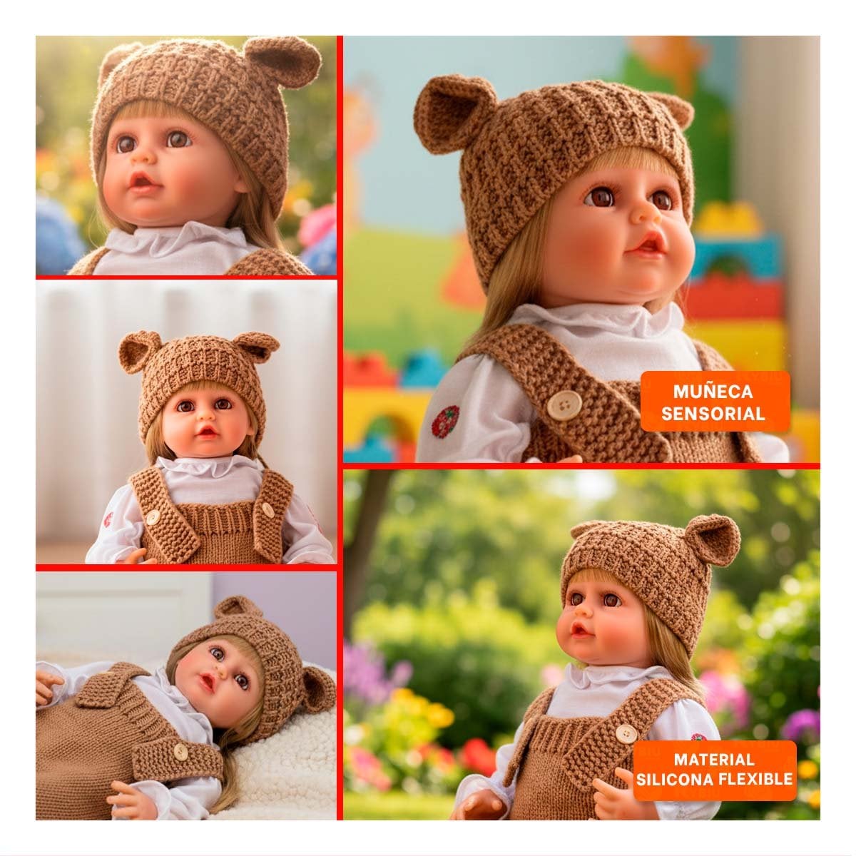 PACK2 PERSONAJE YESSY 55CM VESTIDA CON OVEROL TEJIDO MARRON Y GORRO OREJITAS Y+PAPEL REGALO - 3