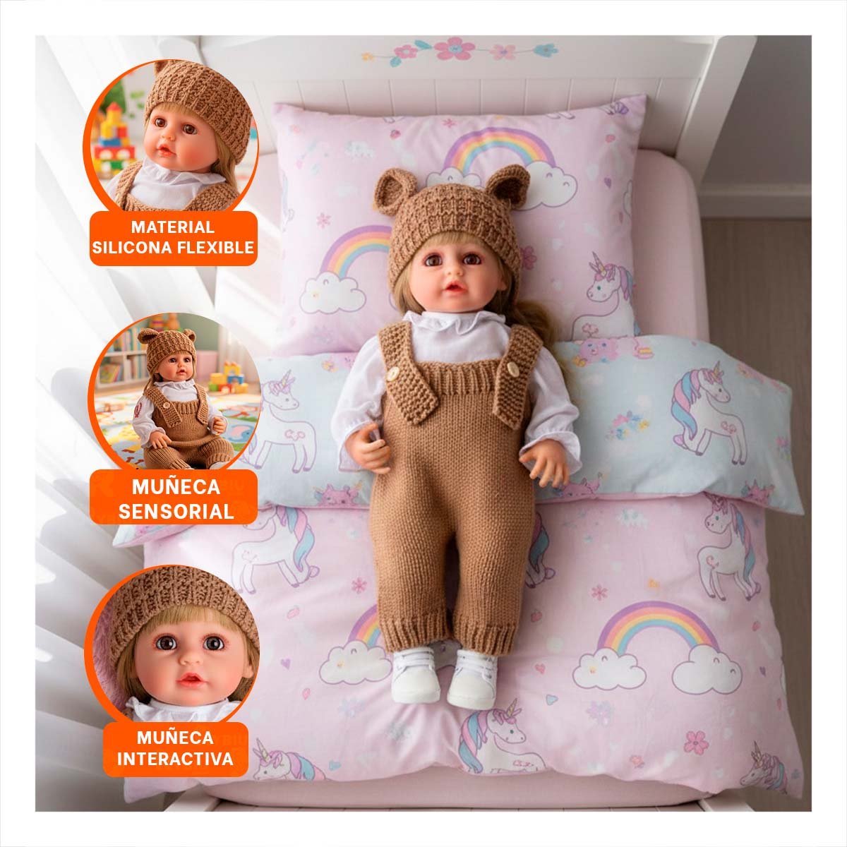 PACK2 PERSONAJE YESSY 55CM VESTIDA CON OVEROL TEJIDO MARRON Y GORRO OREJITAS Y+PAPEL REGALO - 5