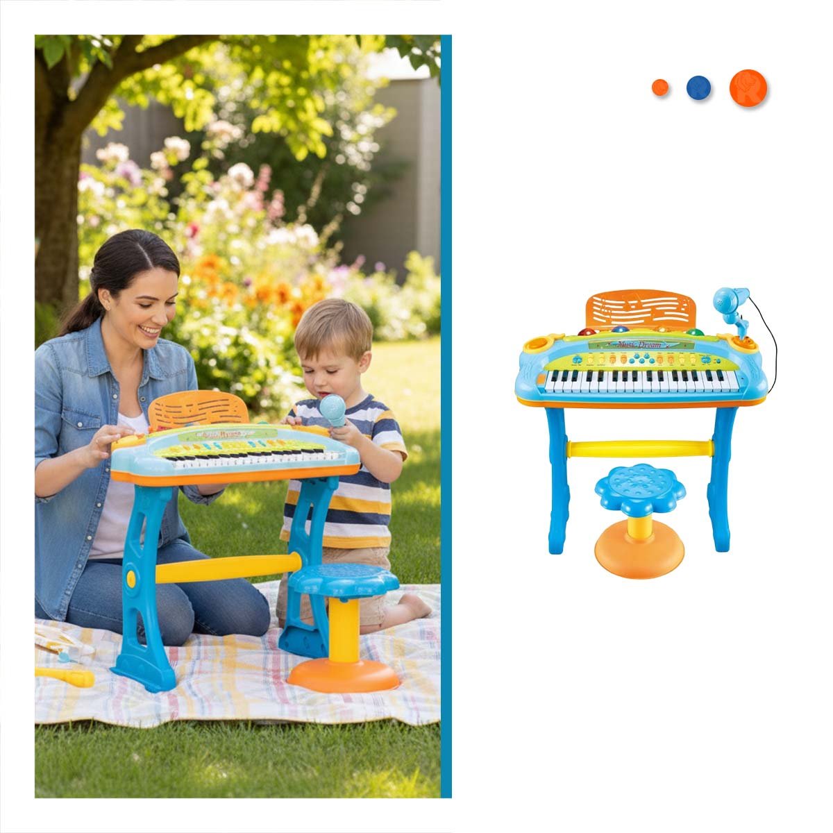 ARTICULO MUSICAL INFANTIL PIANO CON MICROFONO Y SILLA CELESTE PARA JUEGO - 3