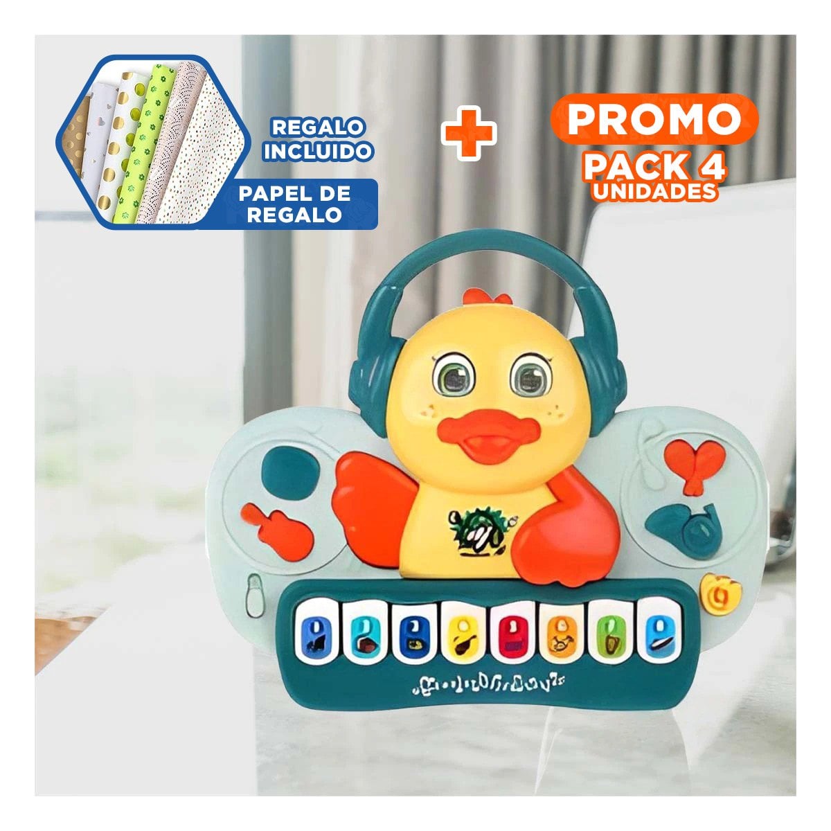 PACK4 MUSICAL PATO CON SONIDO ALEGRE Y TECLAS PARA JUEGO HOGAR VERDE Y+PAPEL REGALO - 1