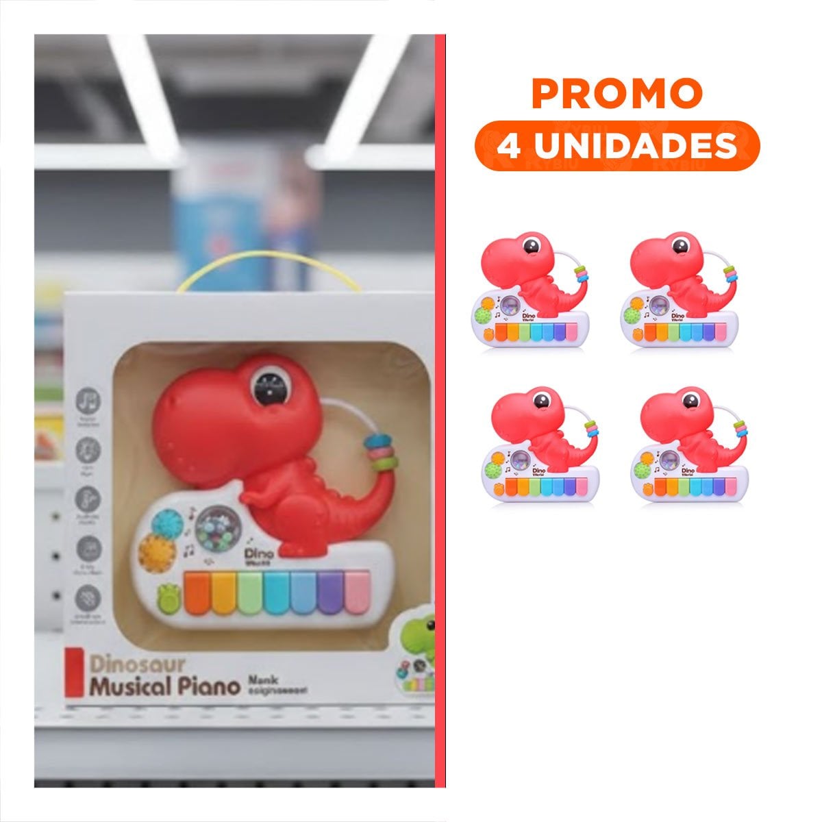 PACK4 SINTETIZADOR INFANTIL DE TECLAS MUSICALES DINOSAURIO ROSADO 17.5 CM Y+REGALO STICKER - 1