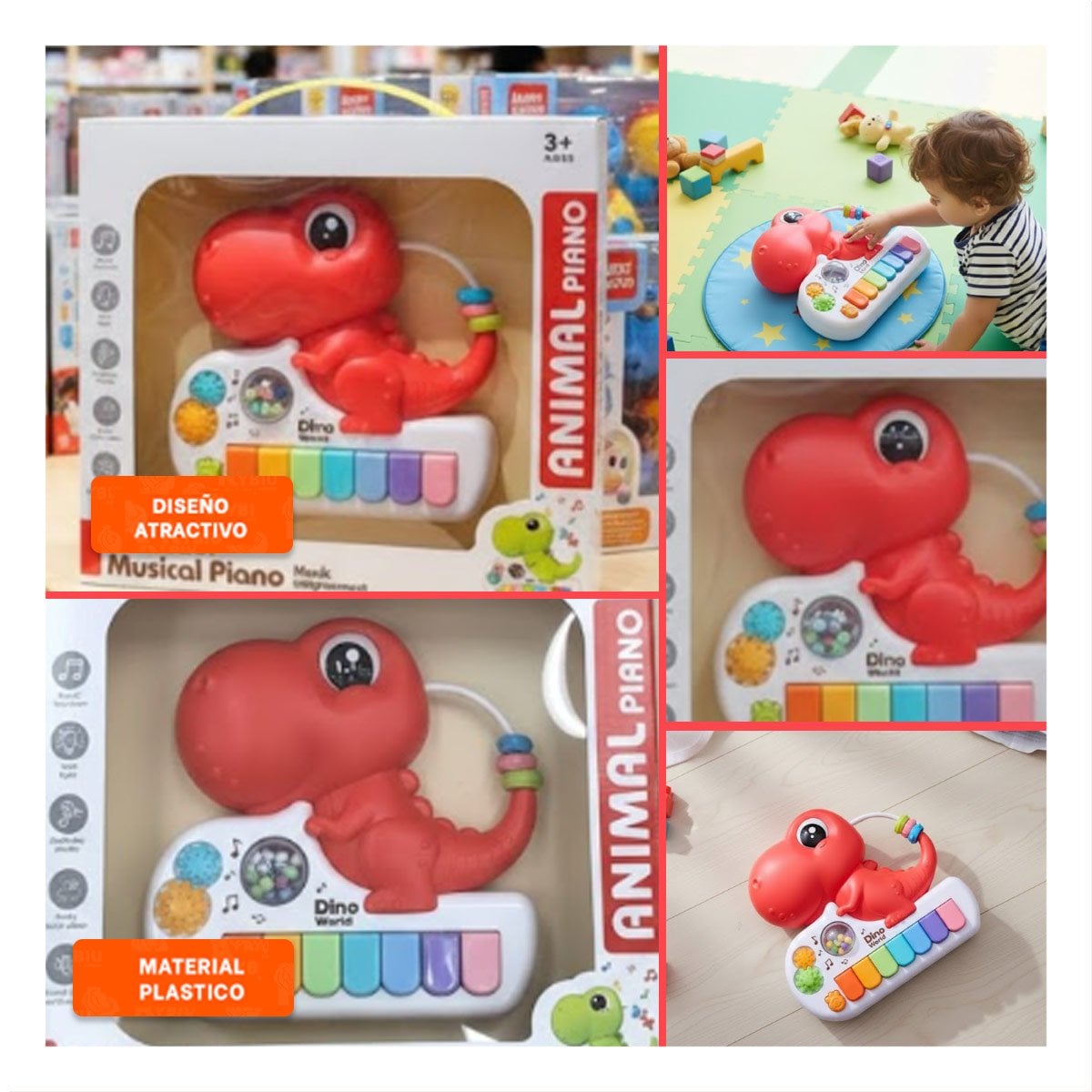 PACK4 SINTETIZADOR INFANTIL DE TECLAS MUSICALES DINOSAURIO ROSADO 17.5 CM Y+REGALO STICKER - 2