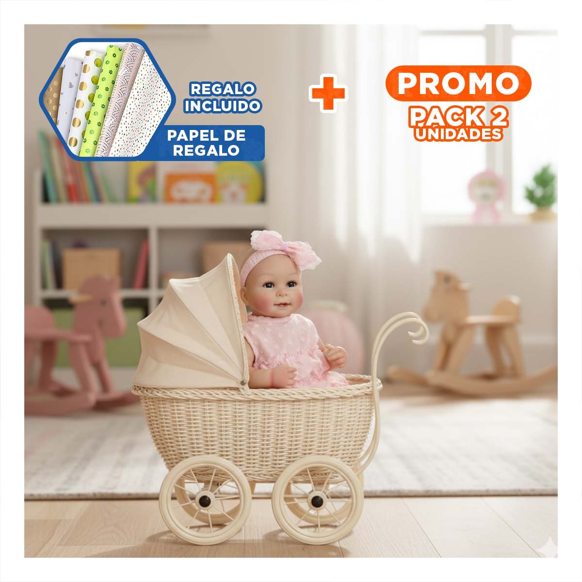 PACK2 JUGUETE CLASICO REALISTA CON VESTIDO ROSADO VUELOS Y VINCHA PUNTITOS Y+PAPEL REGALO - 1