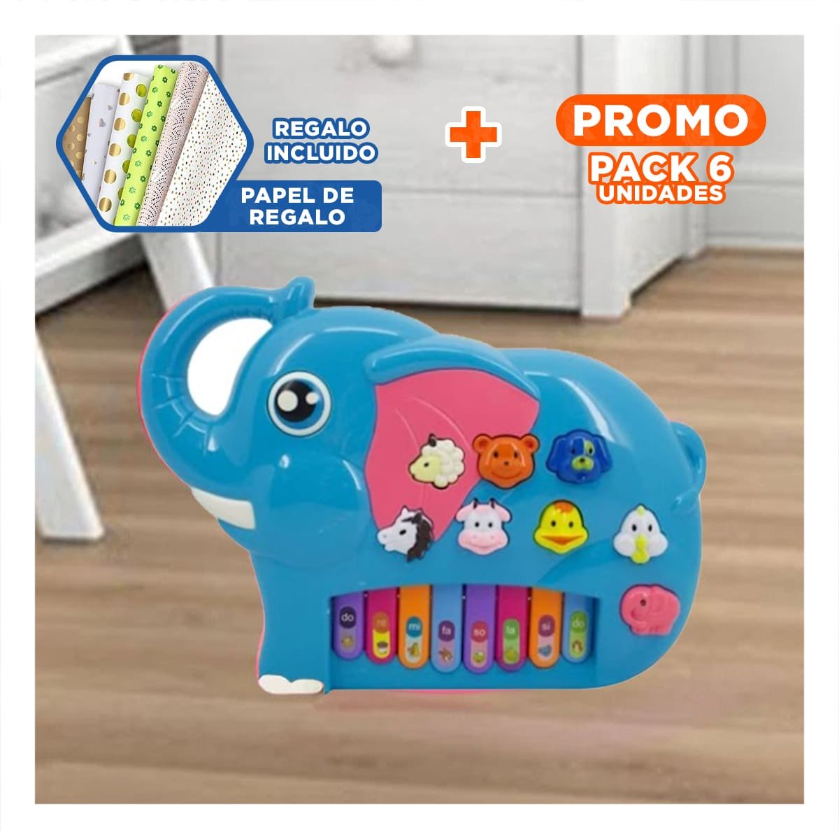 PACK6 AUDIBLE ELEFANTE MUSICAL DIDACTICO EN CAJA CON MELODIAS PARA HOGAR Y+PAPEL REGALO - 1