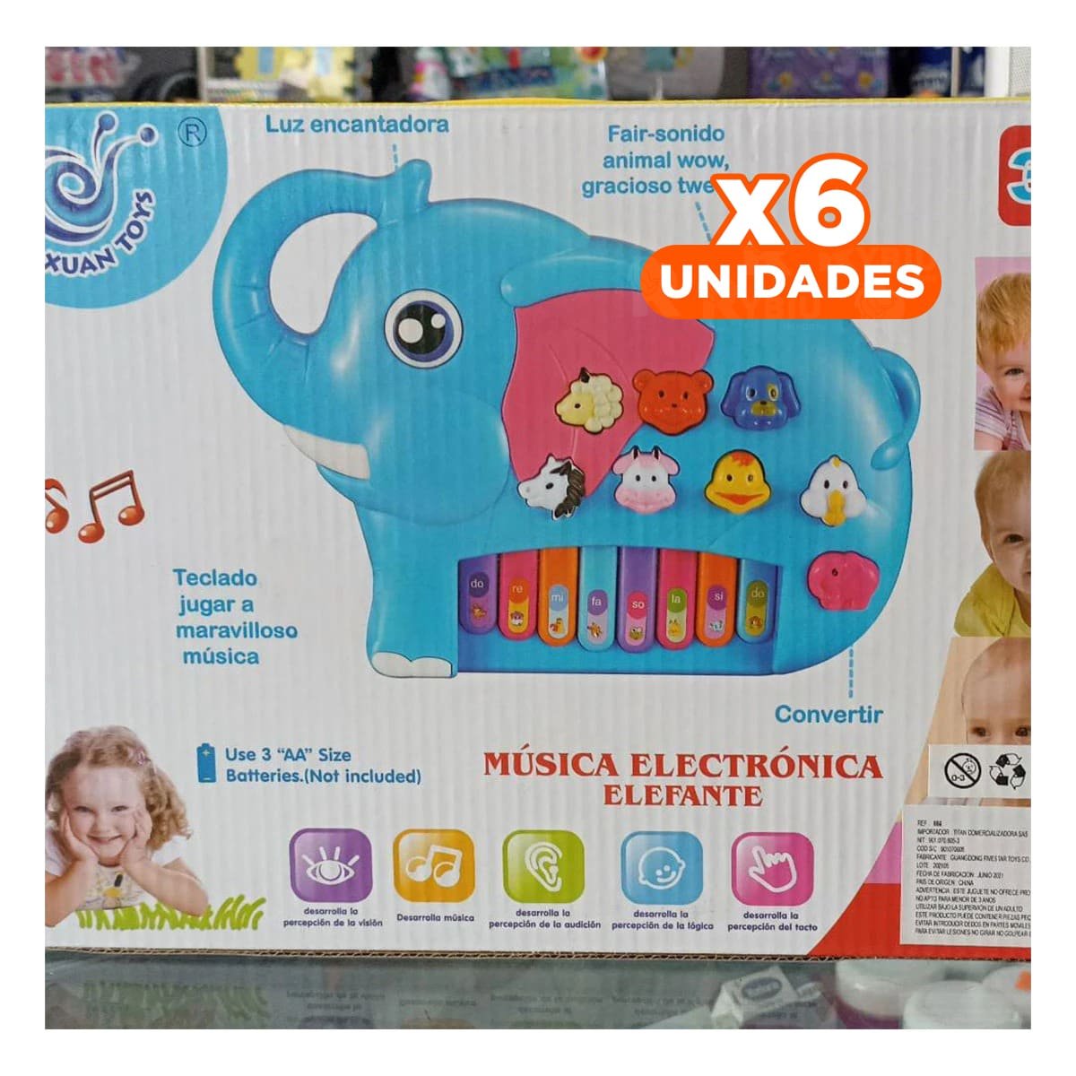 PACK6 FORMATIVO ELEFANTE MUSICAL DIDACTICO EN CAJA PARA DESARROLLO TEMPRANO Y+REGALO STICKER - 1
