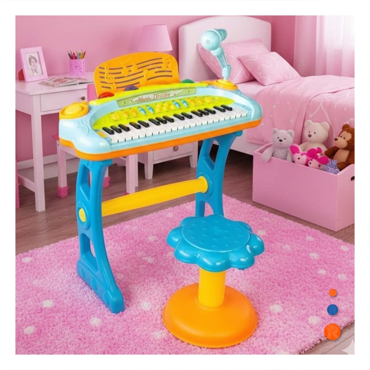 CENTRO MUSICAL INFANTIL PIANO CON MICROFONO Y SILLA CELESTE PARA NINOS Y+PAPEL REGALO - 2