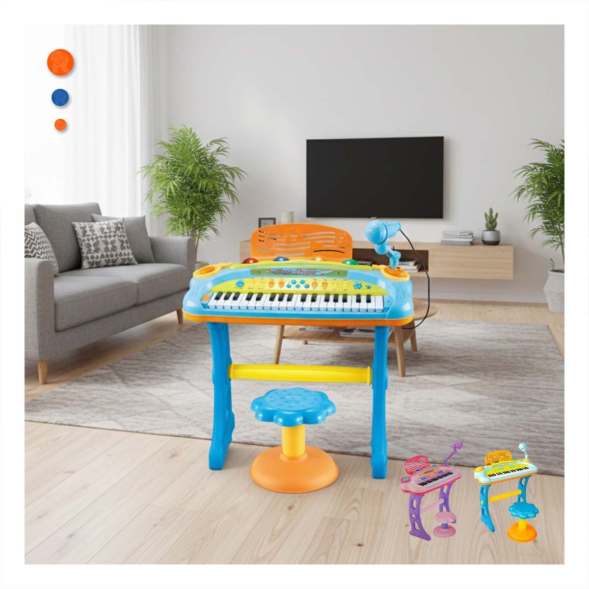 CENTRO MUSICAL INFANTIL PIANO CON MICROFONO Y SILLA CELESTE PARA NINOS Y+PAPEL REGALO - 3