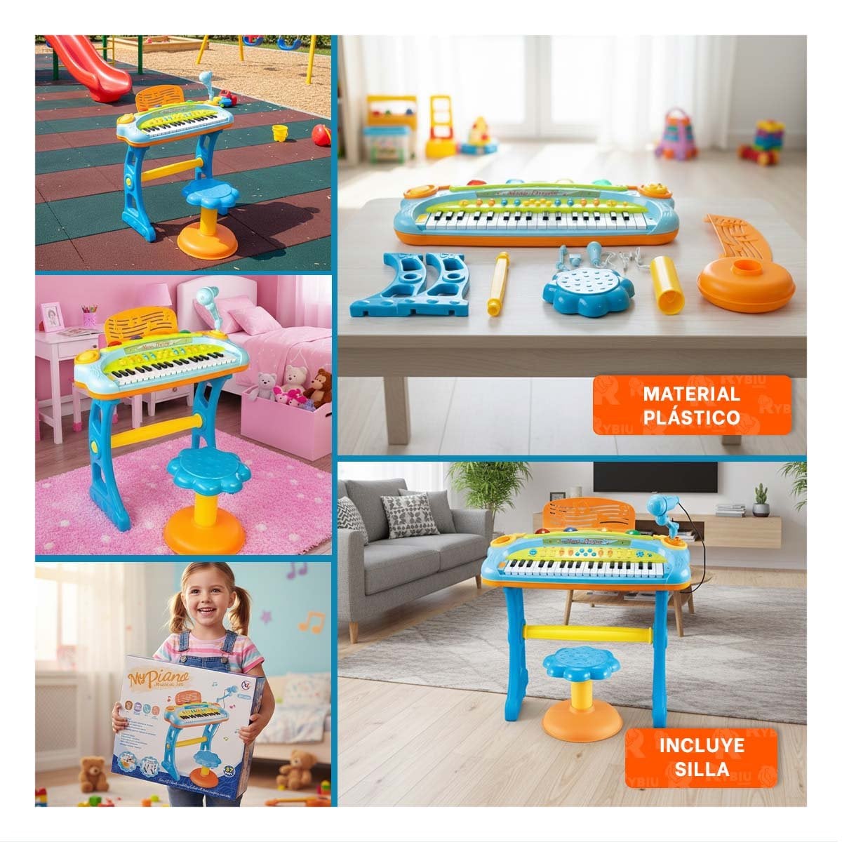 SET MUSICAL INFANTIL PIANO CON MICROFONO Y SILLA CELESTE PARA DIVERSION Y+POST IT - 1