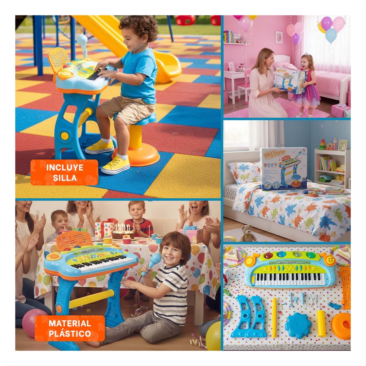 SET MUSICAL INFANTIL PIANO CON MICROFONO Y SILLA CELESTE PARA DIVERSION Y+POST IT - 5